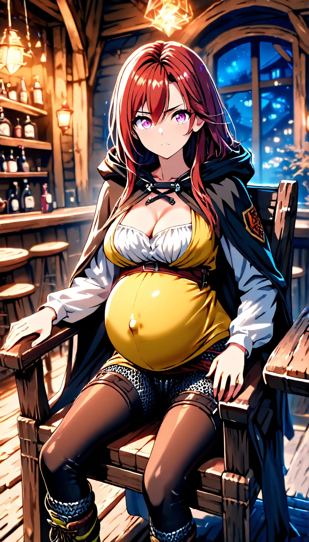 High Resolution, Best Quality, Super Detailed, Masterpiece, 4K, private tavern, night, 1girl, auburn hair, long hair, straight hair, pink eyes, medium breasts, bulging breasts, overflowing bust, pregnant, large round heavy belly, black cloak, yellow vest, chainmail thong, dark violet shorts, black leggings, hiking boots, looking at viewer, stoic expression, sitting in chair, cleavage, close up