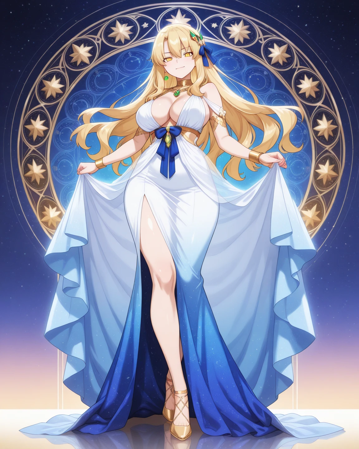 ,masterpiece、highest quality、High resolution、high quality images、8K, 1 female、skin luster、skin texture、Expression of fine eyes、(Shiny bright golden hair:1.2),Girl with long braided hair, realism, Detailed manga style, manga art style, perfect line drawing, beautiful line drawing, digital manga art girl, beautiful light blue eyes, Clear, beautiful eyes、plump lips, Detailed gorgeous face, (cute smile), charm, Front view, (perfectly detailed face), (fine hands) 、photorealistic images, Depth of written boundary, Princess hairstyle, Princess、Corolla on the head  , face forward , night sky , night view ，beautiful starry sky  , romanticism,、(All :1.5)、(medium breasts:1.5)、smile、blush、princess tiara、fluffy hair、Gorgeous blue sparkling earrings、Gorgeous gold bracelet、Gorgeous gold anklets、Palace balcony、Nadia: The Secret of Blue Water Necklace、(oblong face:1.5)、(Sparkling Glitter:1.2)、Cover your forehead with bangs、Bangs between the eyes、(full body:1.6)、(standing:1.3)