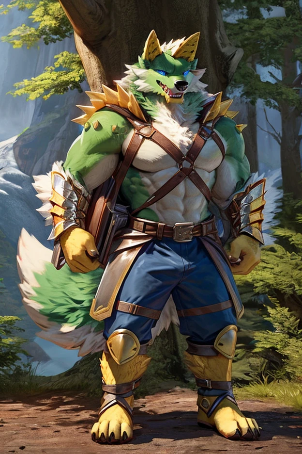 Scribble Tigrex face,furry(Tigrex),pummelig, big muscular, big strong large thick giant muscle,( black eyebrows :1.1),(perfect eyes), fur, arms, alone, Wears Monster Hunter clothes, friendly and Helpful,(artist:takemoto arashi),(jock:1.3), standing, Shoes,( Black beard :1.3),(Monster Hunter clothes:1.4) Tigrex (Massiv:3.0, ( heavyweight , strong,Macro, Emphasize, stands next to buildings,)),background((Monster Hunter village, village, little house, forest, trees, bushes, logs, stump, rivulet, the crack in the road)), Tigrex