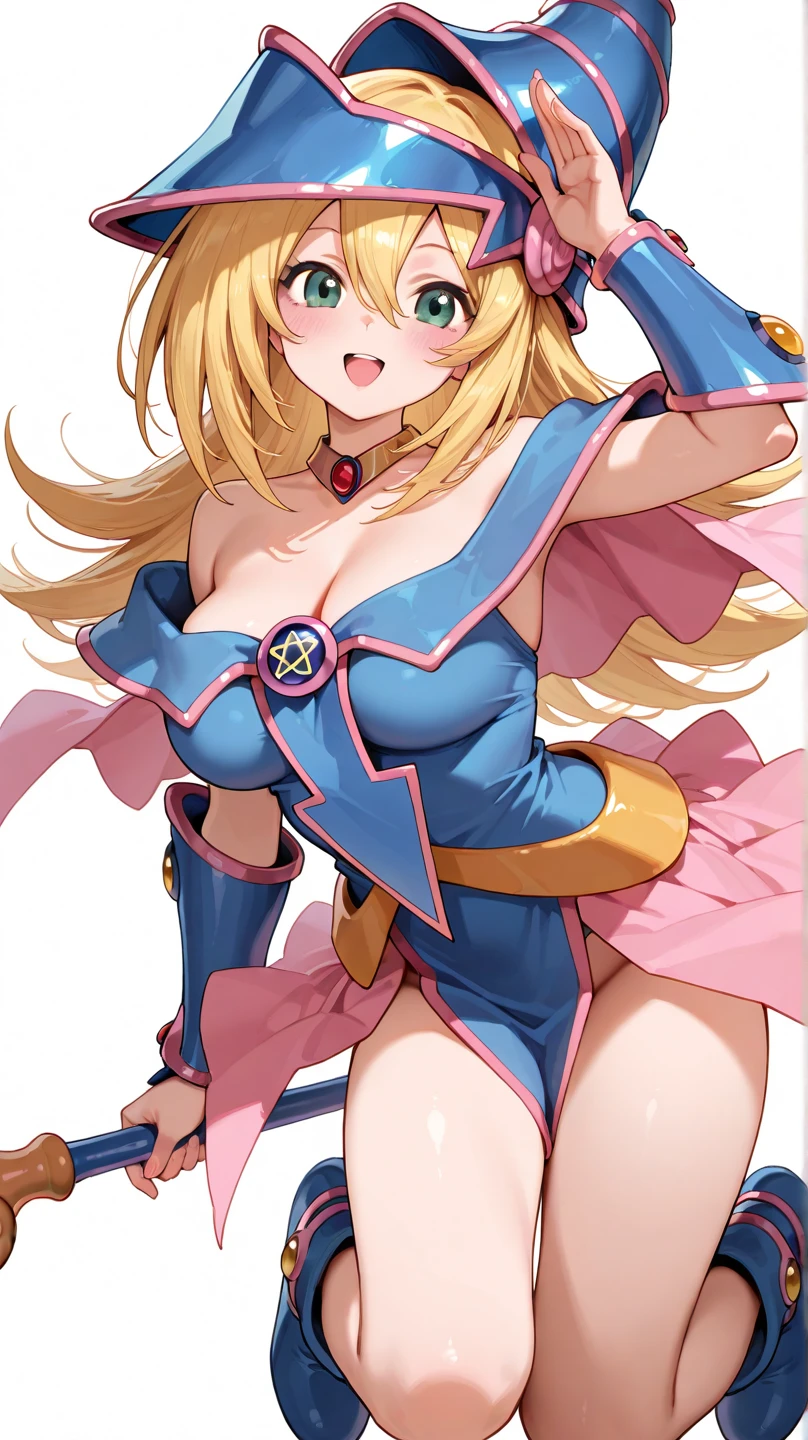 dark magician girl, masterpiece, best quality, 1girl, blonde hair, blue footwear, blue headwear, breasts, duel monster, hat, hexagram, large breasts, long hair, looking at viewer, nail polish, open mouth, pentacle, pentagram, solo, staff, wand, wizard hat,

yu-gi-oh!,

<lora:dark_magician_girl_offset:1>