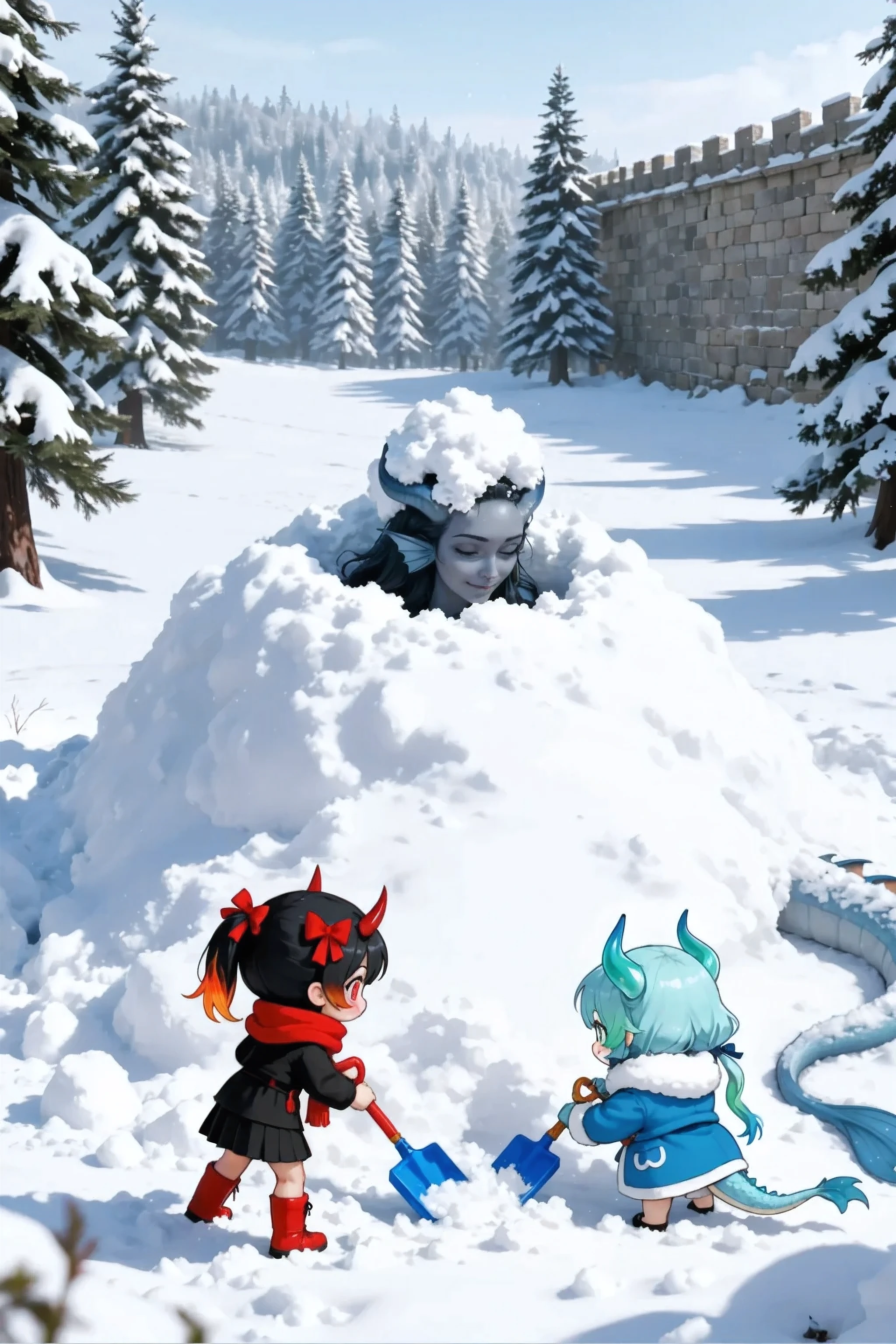 plastic spatula IN THE SNOW
A head sticks out of a large snowdrift: Kedra, dark blue-gray skin , (Vertical view from above), (a slight insidious smile), (pigmentation of the shoulder:1.3), fins on her head, dark blue-gray horns, loose black hair, winter forest. dark snowy cedars, darkrain, from below, a tail sticks out of the snow on the side of the right. over it with your eyes closed, downward look, stone textured medieval wall in the background.
На переднем плане стоят 2 CHARACTER а вид со спины, digs up with a chibi, super deformed, 2-head-tall, super cute chibi girl, 1girl, solo, tiny body, 1 character:
oversized head, short limbs, big round face, soft blushing cheeks, chibi imugi girl (Steel motif), (steel-black hair:1.2), metallic sheen, messy twin ponytails tied with vivid red ribbons, reddish-orange tips, crimson eyes, wide curious eyes, surprised expression, tiny fang, small red-metallic horns, dark hanbok-inspired battle outfit adapted for chibi style, black fabric with clean golden flame patterns only on sleeves, vivid red ribbon bow at waist,
2 CHARACTER :
round face, bright emerald eyes, soft blushing cheeks, fluffy sapphire blue hair with green tips, low twin ponytails with gold hair ribbons, ivory dragon horns, jade ornaments, sapphire-blue dragon tail, jade highlights, miniature royal Korean hanbok, pale blue and white, golden dragon embroidery, jade accessories, cartoon ghost cloth draped over body, only head peeking out, bright smiling expression, standing pose, upright, cheerful smile,
masterpiece, the best quality, ultra-detailed, Cinematic emotional static frame, 8K UHD, extremely detailed, physical visualization, HDR.