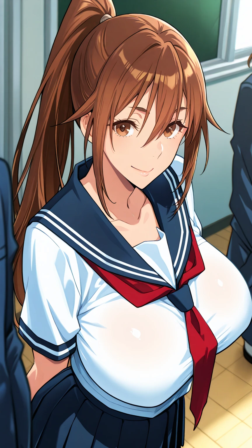 Sailor uniform,  very Huge ????, ???????, Busty, best quality, (masterpiece:1.2), highly detailed, 1girl, kotegawa nanaka, looking at viewer, slight smile, open mouth, brown eyes, long hair, indoor, classroom, close up face, close up