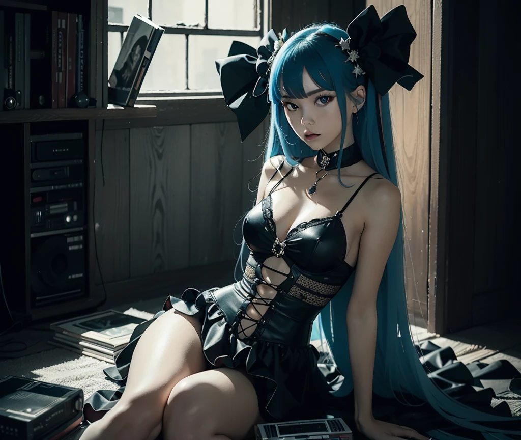 portrait of the , Blue-haired, Cinematic, dark shot, Muted colors,  lut, Insane details, Intricate details, hyperdetails, gros-plan, Twilight,Fine facial features, Photorealistic, High contrast, Best Quality, Gothic art, Mysterious, Intricate details, , acrobatic pose,highleg,Slender legs,((layers-Cut)),long boots,gotik,Mystical,A sexy、bra very