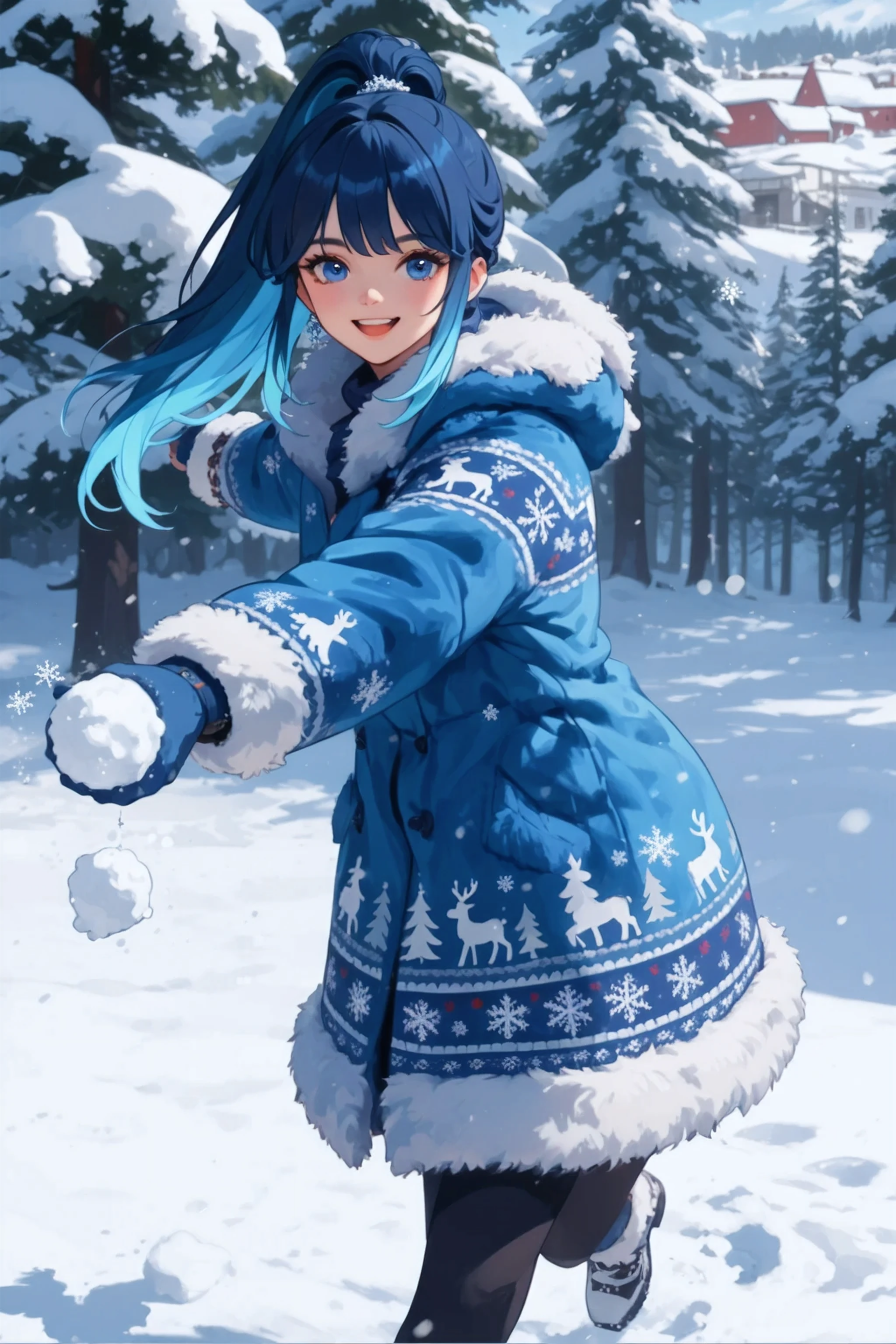 A young woman with vibrant blue hair, styled in a high ponytail with lighter blue tips, stands in a snowy forest. She wears a festive blue winter coat adorned with white reindeer, snowflakes, and pine tree patterns, trimmed with white fur around the hood, cuffs, and hem. Her bright blue eyes match her hair, and a wide, joyful smile spreads across her face as she appears to be throwing a snowball with her gloved right hand. The background features snow-covered evergreen trees and distant houses with red roofs, suggesting a cozy winter village setting. The sunlight casts subtle shadows, highlighting the fresh snow and creating a cheerful, playful atmosphere.