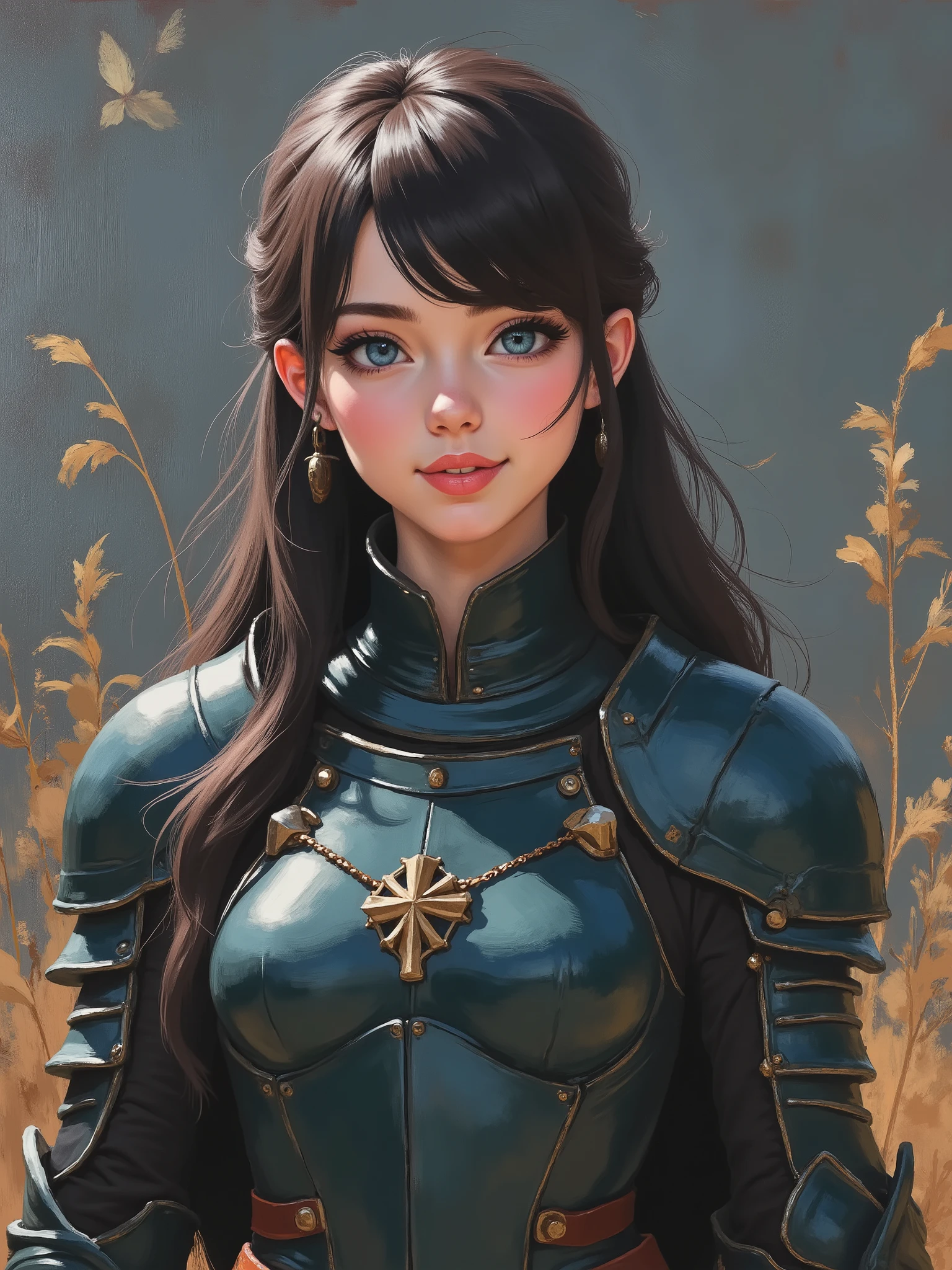 in the style of jim-musil, an oil painting of, marinette Dopanchan, A very beautiful and cute 22 year old a lady paladin. Light smile, long hair, deep gaze, blue eyes, western eyes, detailed blue eyes, beautiful eyes, bright eyes, natural pink lips, thin lips, detailed lips, beautiful lips, clear face, fair skin. Gothic leather armor in petroleum color, very detailed, cowboy shot, full body view, RAW, standing, looking at the viewer, dynamic pose, graceful pose, relaxed pose, view frontal. Bright lighting, vibrant colors, colorful, sharp foreground, clear image, vibrant, sharp focus, depth of field, blurred background, dynamic angle, wide angle, panoramic, stunning image, epic landscape, bokeh background. Masterpiece, best quality, high resolution, top quality, high quality, UHD, 16k quality, no blur, film grain. The background is dark_gray and painted with expressive, visible textures using dynamic brushstrokes and strokes that add depth and movement. The paint covers only the area just behind the subject. The outer edges of the image with jet-black margins, as if the background had been painted with a brush and with expressive and visible textures using dynamic brushstrokes and strokes fading toward the edges creating a modern and artistic vignette effect.