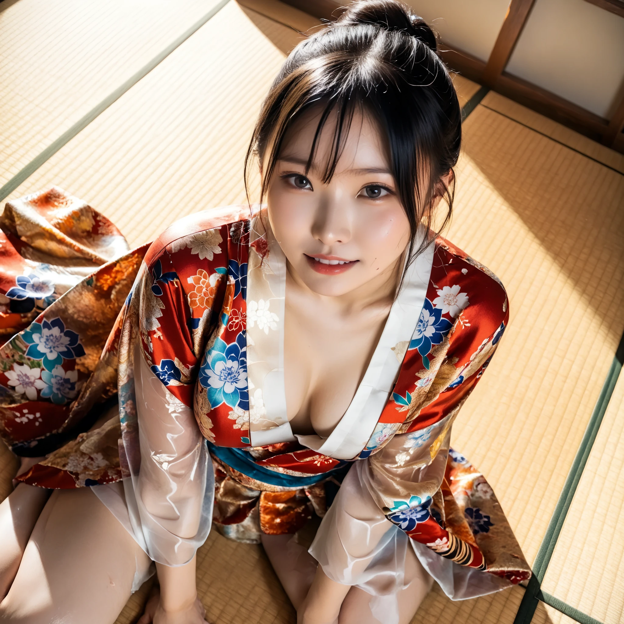 最High Quality 、High Quality 、 最High Definition、High Definition、8K quality、high image quality 、最High Quality、 masterpiece 、immersive video、 VERY REALISTIC IMAGES 、Realistic Paintings、 perfect details 、 from out of view High contrast 、High Fidelity、 perfect picture without blur、close to reality、 image faithfully reproduced down to the smallest detail、 EXQUISITE AND REALISTIC WEAPONS 、 Exquisite and realistic human skin 、 Realistic face in every detail、 Realistic eyes with attention to detail 、 realistic lips drawn with minimal detail 、 detailed and real teeth、Real Ears、 Realistic Hair 、((Japanese Model))､((gravure idol))、((young face))、((black hair))、((medium rounded breasts))、((stylish body ))、(((Sweaty skin all over )))、((Wear a floral kimono made of transparent vinyl,Clear vinyl fits your skin perfectly))、((Wear a floral kimono made of transparent nylon,Clear nylon adheres perfectly to the skin))、((See your skin through a clear vinyl kimono))、((See your skin through a clear nylon kimono))、((Traditional Japanese room))、(((Sexy side seat on tatami mat in a Japanese-style room )))､(((Full Body Footage from Head to Toe,)))､(((view from above)))、(((angle closeup)))