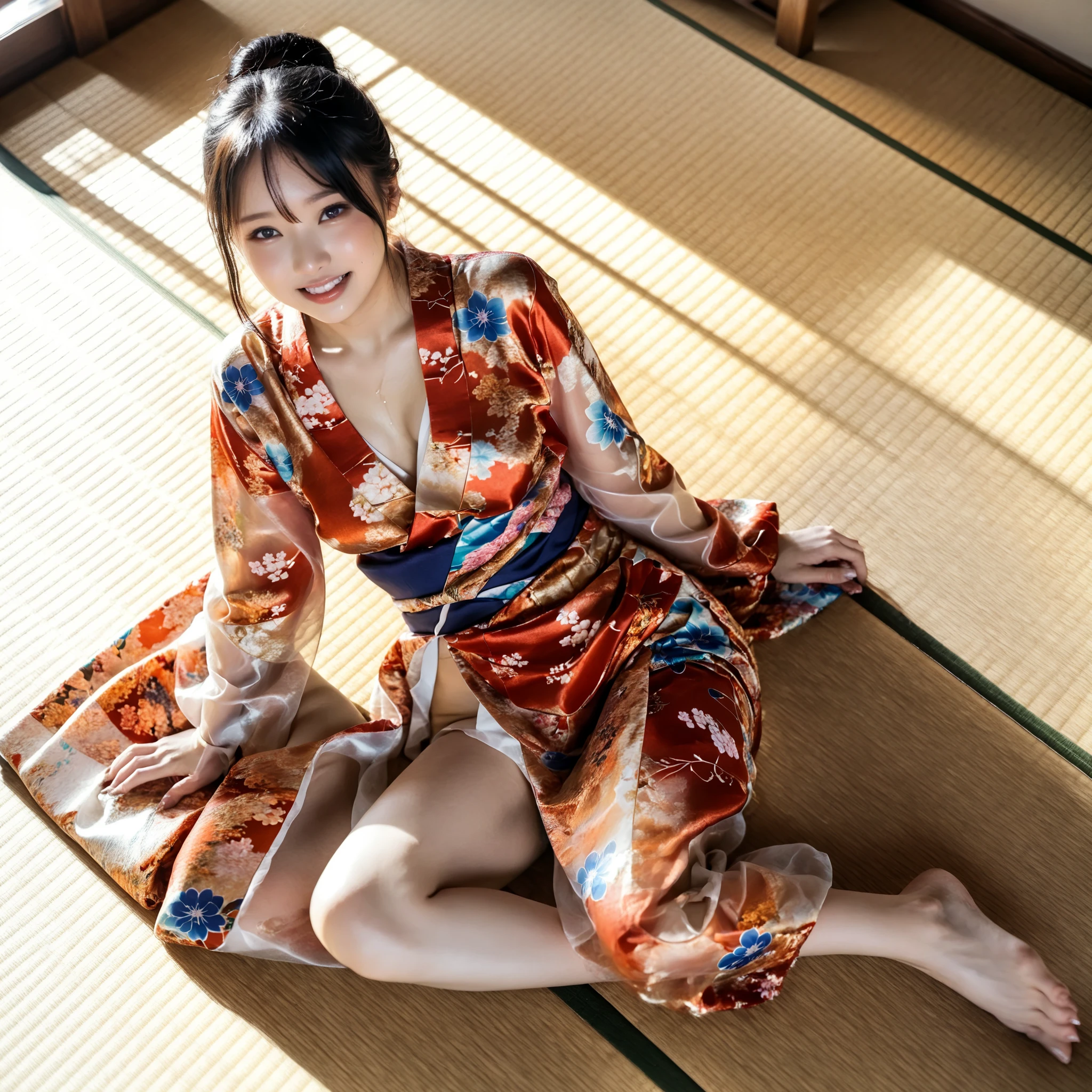 最High Quality 、High Quality 、 最High Definition、High Definition、8K quality、high image quality 、最High Quality、 masterpiece 、immersive video、 VERY REALISTIC IMAGES 、Realistic Paintings、 perfect details 、 from out of view High contrast 、High Fidelity、 perfect picture without blur、close to reality、 image faithfully reproduced down to the smallest detail、 EXQUISITE AND REALISTIC WEAPONS 、 Exquisite and realistic human skin 、 Realistic face in every detail、 Realistic eyes with attention to detail 、 realistic lips drawn with minimal detail 、 detailed and real teeth、Real Ears、 Realistic Hair 、((Japanese Model))、((gravure idol))、((young face))、((black hair))、((medium rounded breasts))、((stylish body ))、(((Sweaty skin all over )))、((Wear a floral kimono made of transparent vinyl,Clear vinyl fits your skin perfectly))、((Wear a floral kimono made of transparent nylon,Clear nylon adheres perfectly to the skin))、((See your skin through a clear vinyl kimono))、((See your skin through a clear nylon kimono))、((Traditional Japanese room))、(((Sexy side seat on tatami mat in a Japanese-style room )))、(((Full Body Footage from Head to Toe,)))、(((view from above)))、(((angle closeup)))