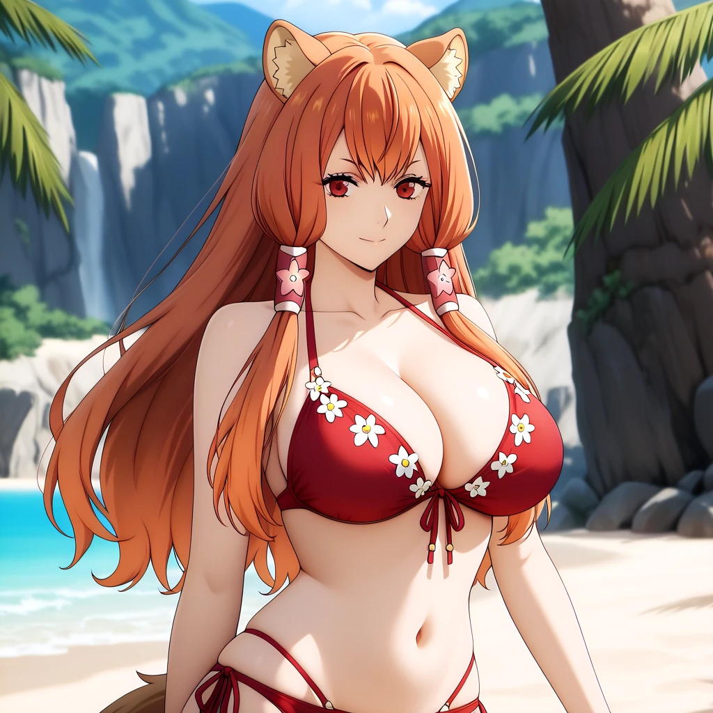 Raphtalia woman 35 years old, Voluminous brown hair, by the floating, lion ears, voluminous fur, , ropa de pieles escotada, gotas de sudor en cuerpo, cuerpo sucio y con heridas, cuerpo sucio, fondo una selva. cuerpo sucio y sudoroso.