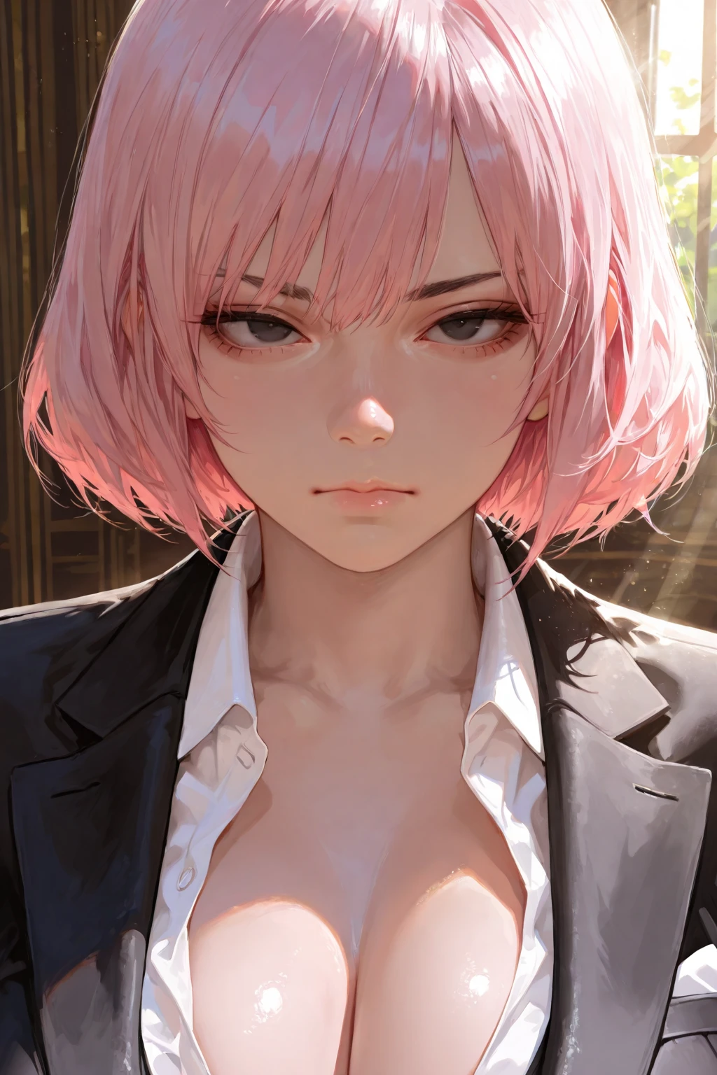 messy_convenience_store_background, overexposed_fluorescent_lighting, white_neon_glow,  cigarette_packs_blurred_background, (detailed_face:1.3), (sharp jawline), (high nose bridge:1.2),  full lips, soft skin, glowing_skin, refined_cheekbones, visible_philtrum, arched_eyebrows, 1girl, solo, bleach_blonde_hair, pink_highlights, short_hair, heavy_eye_makeup, glossy_lips, bright_pink_eyes, , confident, frontal_view, upper_body, hot_pink_push_up_, unbuttoned_uniform_shirt, _straps_peeking, messy_uniform, taunting_gaze, (portrait_shot), (rim_light), (cinematic_lighting), (masterpiece:1.2), (best quality:1.2), ultra detailed, 8k, watercolor, volumetric_lighting, soft shadows, ((forced_perspective)), (Diminishing scale perspective:1.3), (lora:Yandere Queen:0.85), (lora:SDXL high detailed. LoRA_SDXL_ARW_0010:0.75), (lora:Waifu Eyes:0.5), (lora:NKxXmo's Shaded Face:0.5), (lora:NoobAI-XL Detailer:0.6), (lora:Detail Tweaker:0.65)
