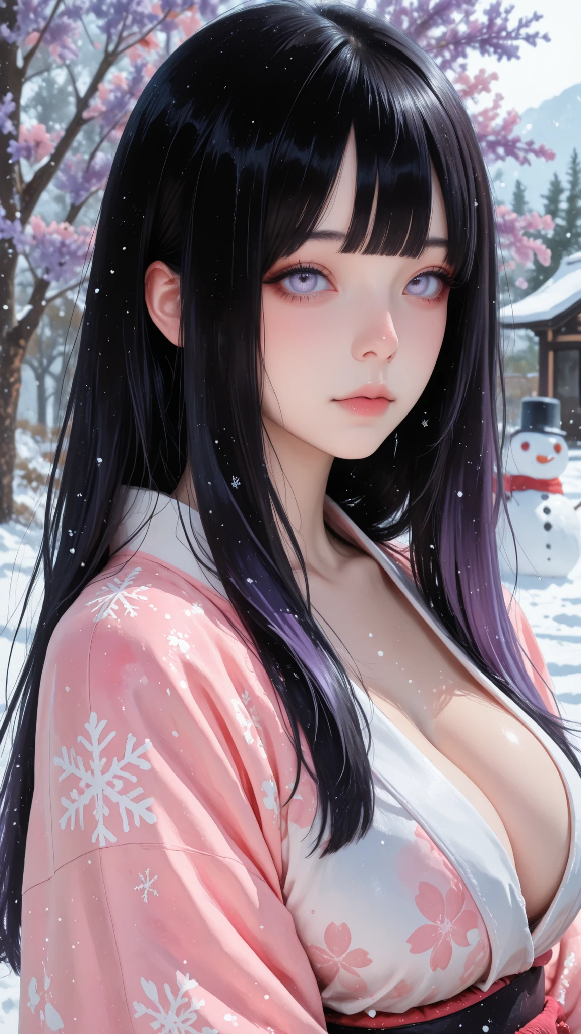 (((Watercolor style))),(((Watercolor))),((no outline)),((no border)),Blur,,Watercolor style,Cute, 748cm style, (masterpiece:1.2, best quality), (beautiful detailed eyes:1.2), ((beautiful girl)), (highly detailed CG, ultra detailed), (very detailed and beautiful:1.1), (perfect detail:1.1), character art style, with long black hair, ((pupilless smooth lavender eyes))wearing a beautiful kimono((half-open)), 1 girl, solo, long black hair,flat bangs, looking at the viewer, long hair,big breasts,prominent cleavage, big, bangs, snowman in the background, snow, snowflakes,heavy snowfall, cherry blossom trees