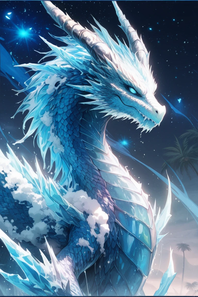 A large dragon, sharp and resistant scales, blue and white color palette, on a snowy mountain, great wings, eye white