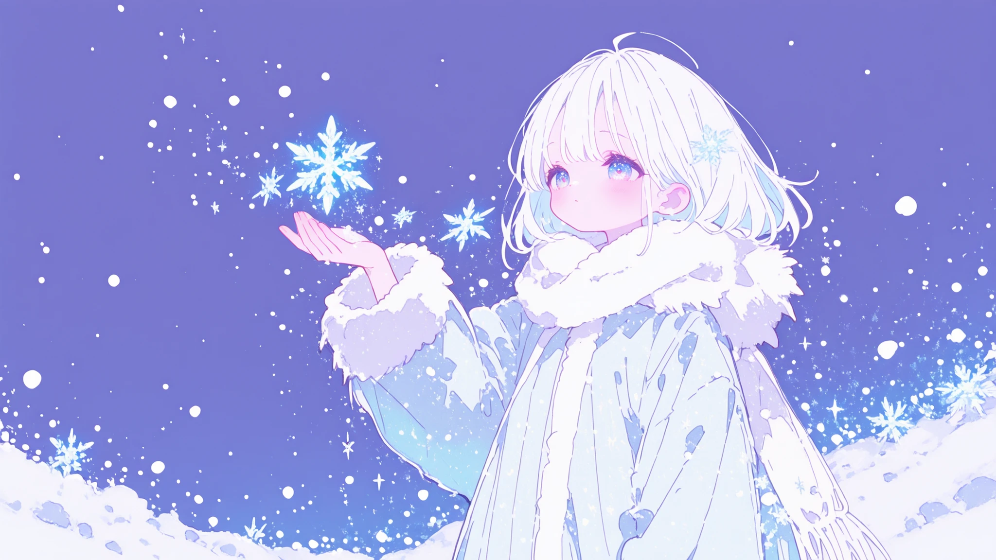 A beautiful young girl with long white hair, wearing a warm winter coat and a fluffy scarf, standing in a softly falling snow. She holds out her hand as snowflakes land gently on her palm. The world around her is pure white and glowing, dreamy and peaceful. Soft lighting, delicate atmosphere, winter fantasy style.