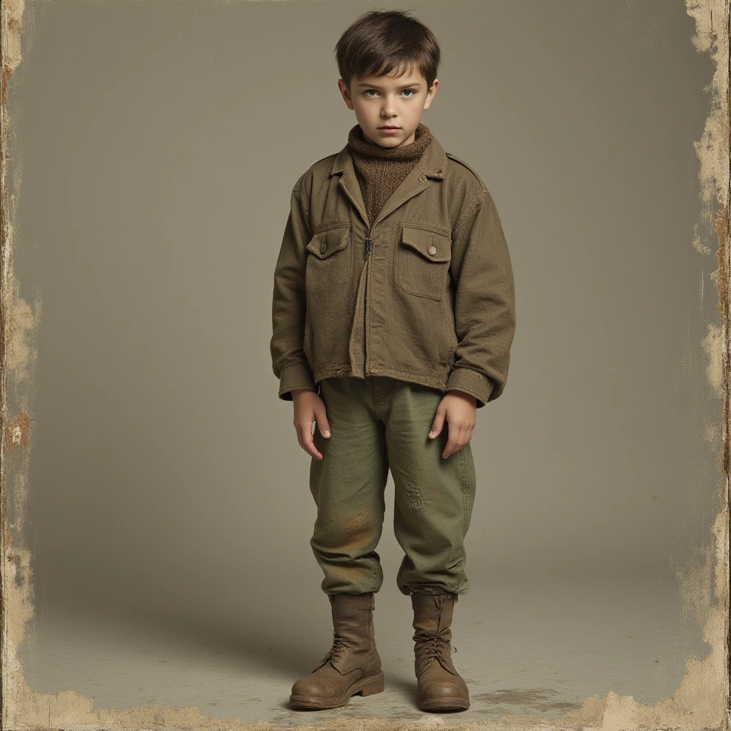 Мальчик dressed in the uniform of a Russian soldier, vintage photo of a boy soldier, Russia,(((dressed in the uniform of a Russian soldier, On his head is a cap))), natural light, granularity, frayed edges, vignette, photorealism, ultra-th, High detail, Best quality:1.4),8K,ultra detailed,photo, ((don't change your position))
