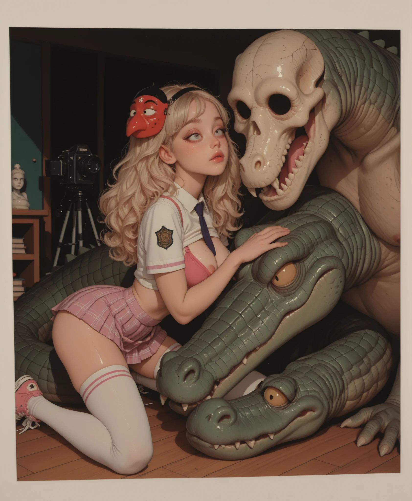 Realistic editorial-style photograph, long camera shot, a beautiful and enigmatic high school girl 18+ blonde Slavic teen girl seen , pale skin with tan lines, perfect slanted eyes, pink freckles (Detailed likness of Anya Taylor-Joy's face, highlighting her iconic facial structure with large almond-shaped eyes, high cheekbones, slender elongated face, softly pointed chin, and full, naturally shaped lips. Porcelain skin with subtle freckles and smooth texture. Slim athletic body, small cute , pink puffy , twin-tail hair. with thin thighs, wide round , cute flat freckled , fresh faced girl, (natural eyelashes), prettiest schoolgirl, (innocent eyes), (petite ), two slender legs, sitting cross-legged on the shell of a white statue of a huge stone giant alligator in a Japanese classroom filled with samurai armors and old japan art, warmly toned at sunset. She holds a golden human skull in her hands. The girl is looking to the camera over her shoulder with a sugestive posture , has a serene and focused expression, short wavy hair with a silver-blonde to pink gradient, and large, slanted black eyes. She wears a large, red Japanese tengu mask on her head. She is wearing a chic, form-fitting school uniform: a crisp white blouse with a relaxed neckline, open revealing her red push-up bra and , a deep purple pleated skirt with midnight blue accents that highlights her , and white thigh-high socks with fluorecent pink converse. A dark necktie hangs loose over her . Two large, floating bows sway gently in the breeze. Sunlight streams in through the open windows, casting golden hues and long shadows on the wooden floor and her figure. The scene evokes a moment of serenity, fearlessness, and mysticism. Warm cinematic tones, soft natural lighting, atmospheric composition, highly detailed textures, sharp focus on the character with subtle background blur.
Wide-angle tone, pastel color grading, golden hour, horror.