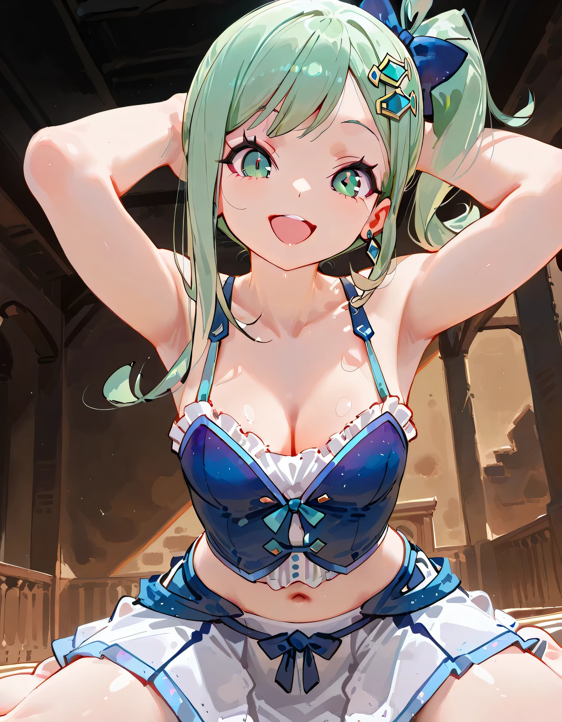 (masterpiece, best quality), best quality, best resolution, (ultra-detailed), (3heads:1.5), 1girl, (izayoi sakuya:1.3), masterpiece, (best quality:1.5, highres, UHD), highres, absurdo, ultra detail, ultra quality, Ultra resolution, dark blue top, crop top, ((stomach)), midriff, ((groin)), dark blue skirt, normal ears, , grey hair, very long hair, wavy hair, sidelocks, blue eyes, parted lips, sweat, cute, toned belly, hand on own chest, eyelashes, (24 year old woman:1.3), (masterpiece:1.5), (best quality:1.5), (beautiful detailed), extremely detailed CG, extremely delicate and beautiful, depth of field, (finely detailed face), (perfect details:1.2), (mature female:1.3), wide pelvis, slender, large veiny breast, 16k resolution, high quality, high definition, extremely detailed, masterpiece, best quality, grey hair, long hair, alluring presence, braid, short skirt, close up, big tits, young, hair ribbon, maid headdress, side braid, (girl with three heads),
