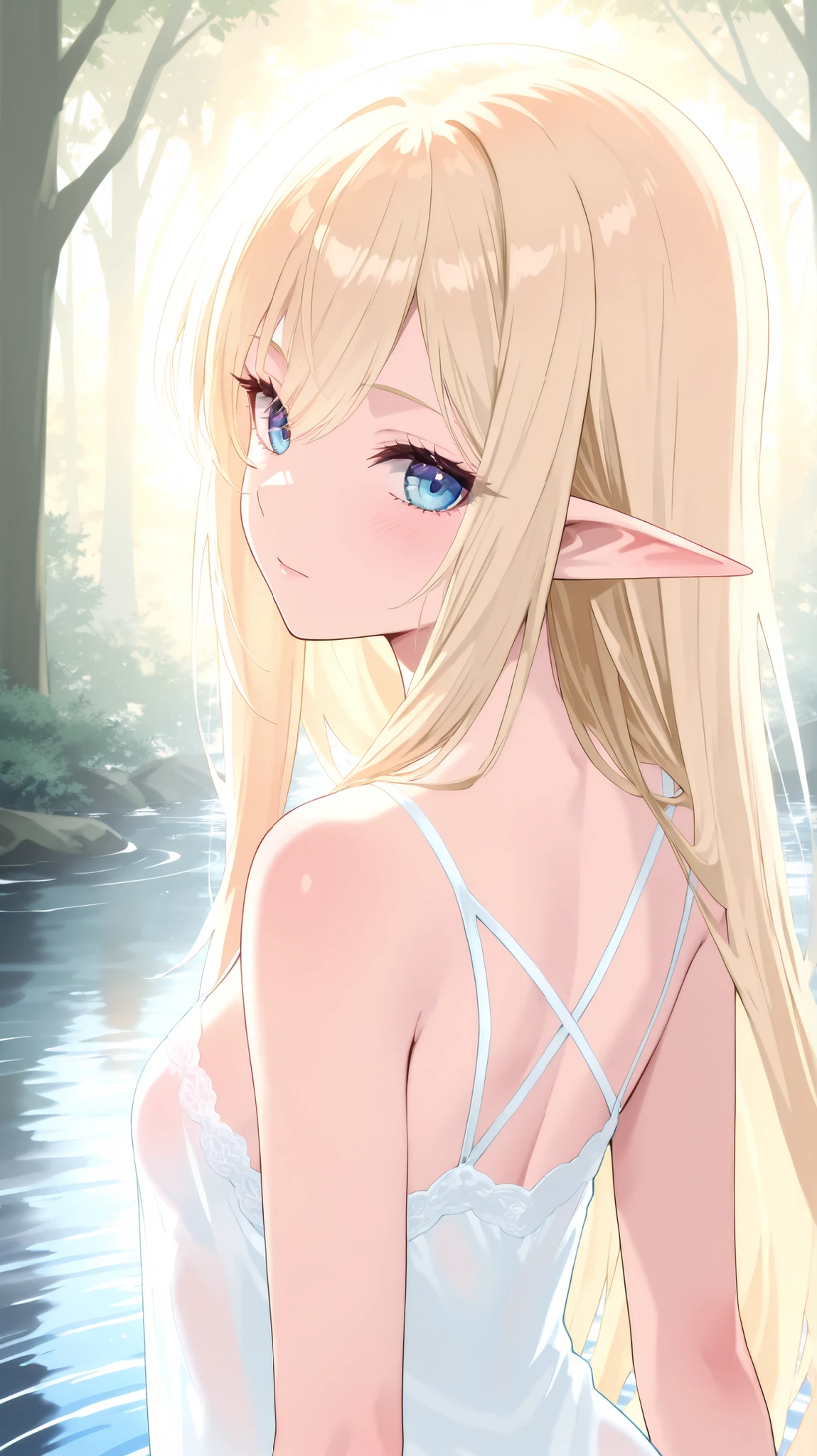 An elf girl bathes in a misty spring in the forest, her back turned, water rippling gently around her. small breasts, sheer camisole with thin straps and lace, blue eyes. Her long hair clings to her damp skin. in a fantasy anime style, with soft backlighting through the trees, subtle reflections, Masterpiece level of detail, 8k