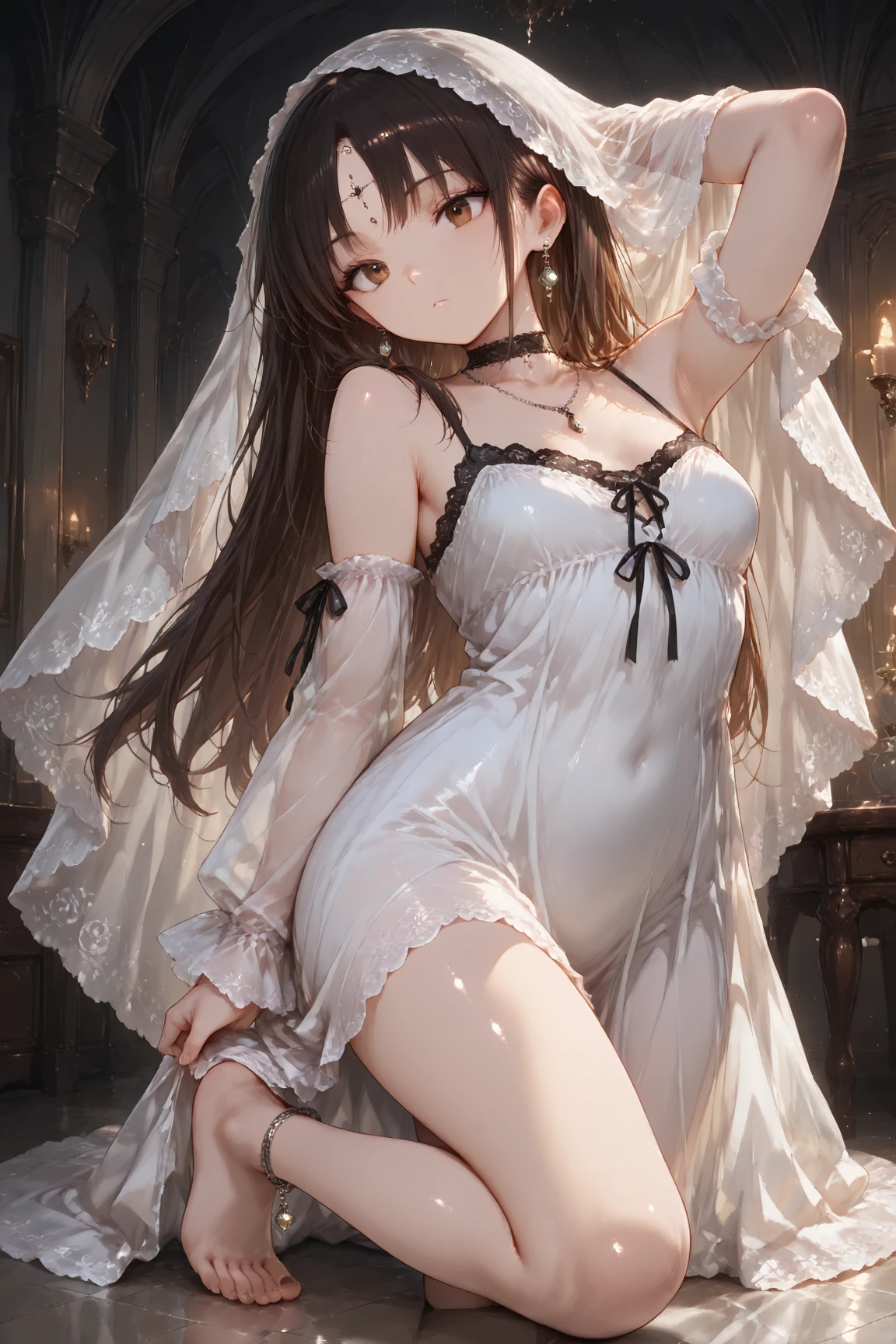 Best Quality, masutepiece, Portrait, , 1girl in, Kotegawa Yui, Black hair, Long hair, Long bangs, Brown eyes, medium udder, ((chies)), Looking at Viewer, Smile,Photo from below、((weddingdress))、((pantyhose))、((Show ))、