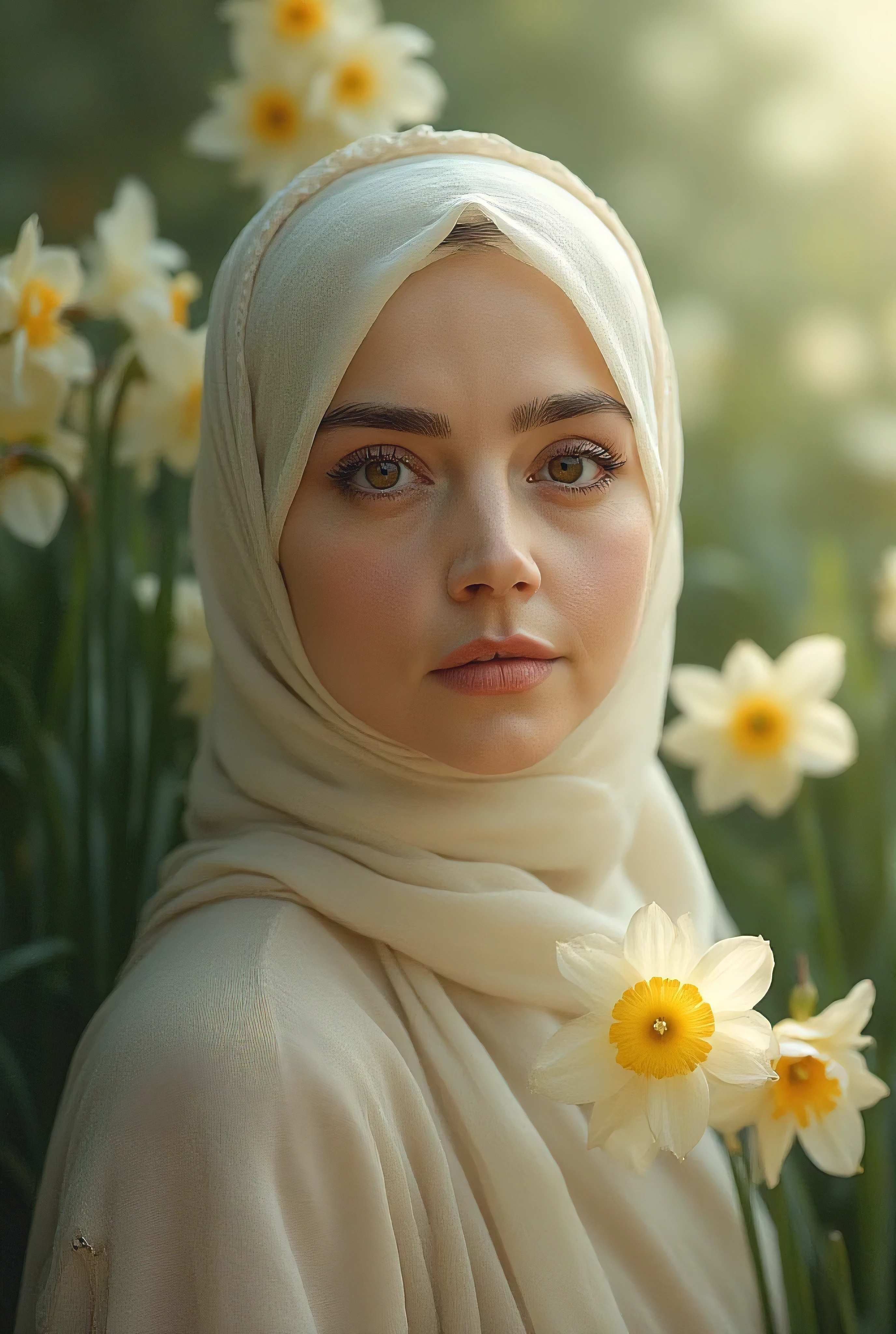 Umm wearing hijab; eye color; narcissus; the color of the face is corny; her breasts are big (٤:٩٤) Her body is normal 