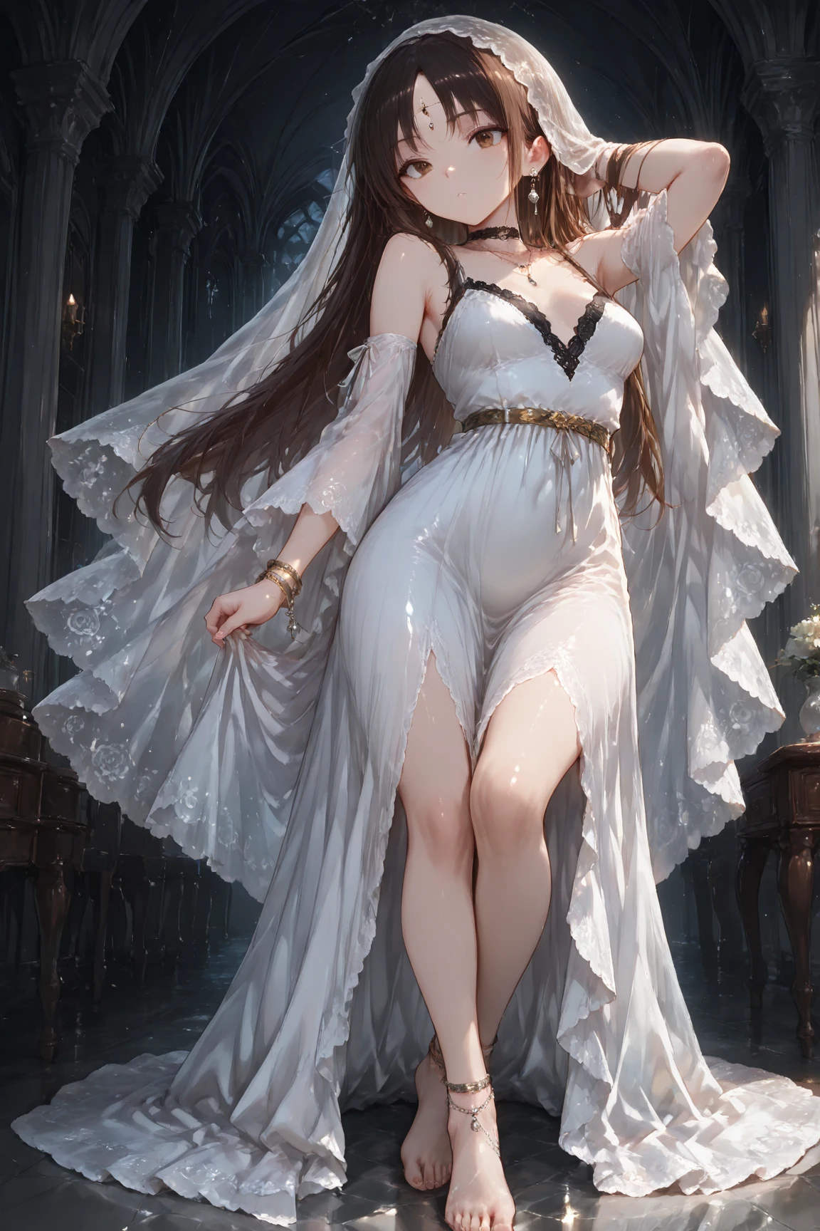 Ceres fauna , anime style , bridal , 1girl , veil , virtual_youtuber , jewelry, thighhighs, antler , yellow eyes , braid , earrings , bridal_veil, (desde abajo: 1.2)