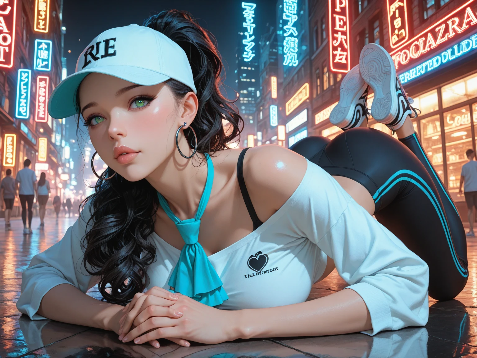 (masterpiece)), ((magnificent art)), ((masterpiece)), Dreamshaper model, a beautiful woman in high school clothes, her body is sculptural model, wearing transparent black pantyhose up to her knees, her face is beautiful and hyper detailed, her eyes are sweet and vibrant, her long waist length hair scattered in the wind, her skin and silky and shiny with sweaty appearance, Adobe Illustration, Trand on Artstation, 8K, hd, UHD, Lighting by REMBRADT, -