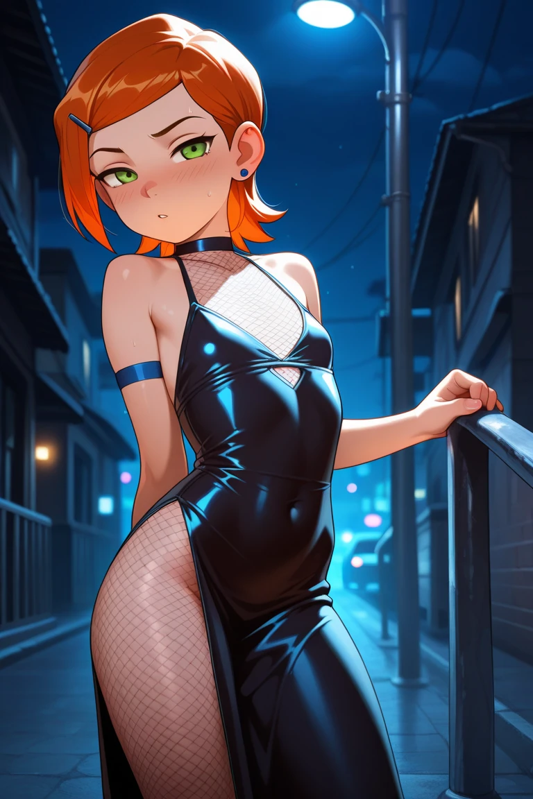 score_9, score_8_up, score_7_up, score_6_up, source_anime, BREAK
black , back to viewer, dark, night, looking at the viewer, huge boobs, side boobs, big ass, ass support, smile, smirk, background, outside balcony standing in front of the railing, hands on the railing, (fishnets), BREAK