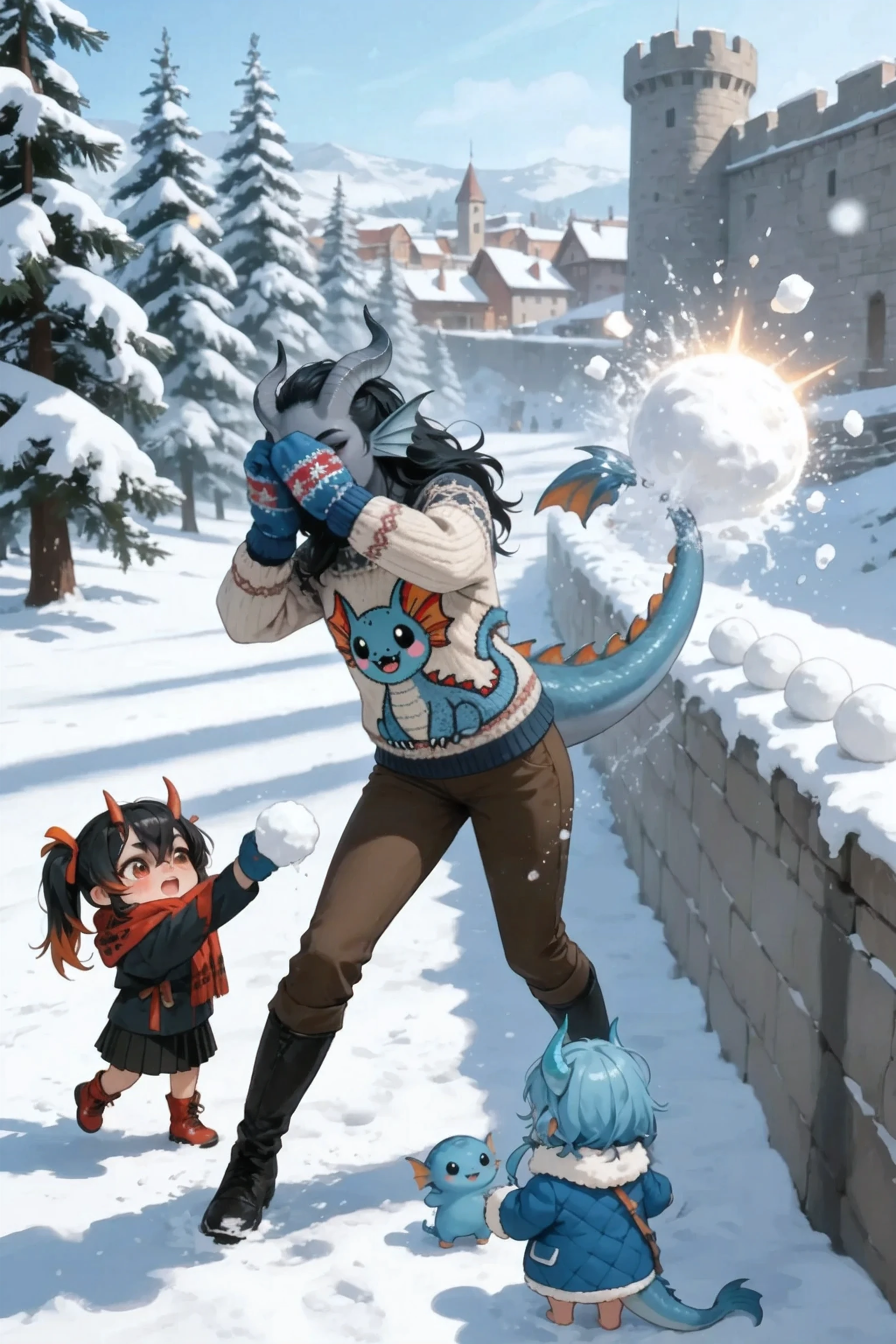 In the foreground, 1 character: Kedra, dark blue-gray skin , fins on her head, dark blue-gray horns, loose black hair, she closed her eyes and covered her head with her hands, holding bluish gloves,
halfway closes her hands with willows in blue Christmas mittens from the snow that arrived at her, while she is beating off the snowball with her tail. The woman is wearing a patterned Christmas knitted sweater depicting a cute creature Character_Fuli. Against the background, the snow-covered cedars are all around, you can see a medieval village in the distance. Long soft shadows. A large snowball hits the woman's tail breaking into many pieces of snow glowing in the sun. dynamic pose. behind the girl in the background is part of a snowy fortress and several round snowballs lie in a row on a snowy wall, darkrain,
Playing together: 2 CHARACTER :
chibi, super deformed, 2-head-tall, super cute chibi girl, 1girl, solo, tiny body,
oversized head, short limbs, big round face, soft blushing cheeks, chibi imugi girl (Steel motif), (steel-black hair:1.2), metallic sheen, messy twin ponytails tied with vivid red ribbons, reddish-orange tips, crimson eyes, wide curious eyes, surprised expression, tiny fang, small red-metallic horns, dark hanbok-inspired battle outfit adapted for chibi style, black fabric with clean golden flame patterns only on sleeves, vivid red ribbon bow at waist,
with 3 characters:
round face, bright emerald eyes, soft blushing cheeks, fluffy sapphire blue hair with green tips, low twin ponytails with gold hair ribbons, ivory dragon horns, jade ornaments, sapphire-blue dragon tail, jade highlights, miniature royal Korean hanbok, pale blue and white, golden dragon embroidery, jade accessories, cartoon ghost cloth draped over body, only head peeking out, bright smiling expression, standing pose, upright, cheerful smile,
masterpiece, the best quality, ultra-detailed, Cinematic emotional static frame, 8K UHD.