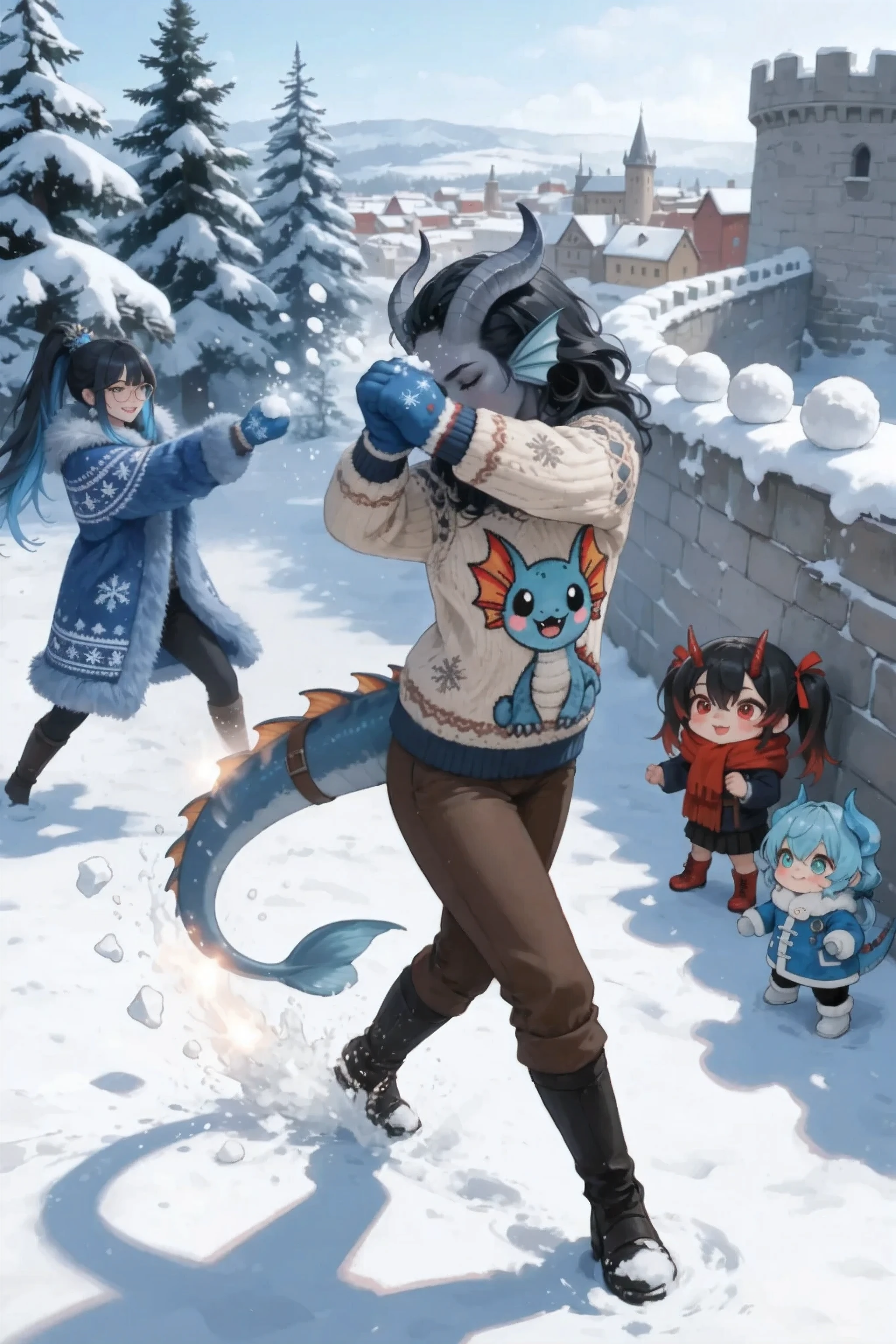 1 character: Kedra, dark blue-gray skin , fins on her head, dark blue-gray horns, loose black hair, hand bandages, ( Best hands ). (5 dark blue-gray fingers), she closed her eyes and covered her head with her hands,
halfway covers her hands with blue Christmas mittens from the snow that has arrived at her, while she is beating off the snowball with her tail. The woman is wearing a patterned Christmas knitted sweater depicting a cute creature Character_Fuli. In the background
2 Character: In the background, a woman in a blue festive coat throws a snowball.
On the right are:
3 character :
chibi, super deformed, 2-head-tall, super cute chibi girl, 1girl, solo, tiny body,
oversized head, short limbs, big round face, soft blushing cheeks, chibi imugi girl (Steel motif), (steel-black hair:1.2), metallic sheen, messy twin ponytails tied with vivid red ribbons, reddish-orange tips, crimson eyes, wide curious eyes, surprised expression, tiny fang, small red-metallic horns, dark hanbok-inspired battle outfit adapted for chibi style, black fabric with clean golden flame patterns only on sleeves, vivid red ribbon bow at waist,
4 character: chibi, super deformed, 2-head-tall, super cute chibi girl, 1girl, solo, tiny body,
round face, bright emerald eyes, soft blushing cheeks, fluffy sapphire blue hair with green tips, low twin ponytails with gold hair ribbons, ivory dragon horns, jade ornaments, sapphire-blue dragon tail, jade highlights, miniature royal Korean hanbok, pale blue and white, golden dragon embroidery, jade accessories, cartoon ghost cloth draped over body, only head peeking out, bright smiling expression, standing pose, upright, cheerful smile,
masterpiece, the best quality, ultra-detailed, cinematic emotional static frame, 8K UHD, extremely detailed, physical visualization, HDR.