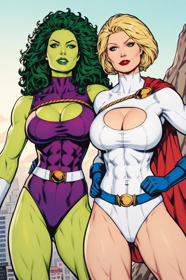 (((Poison Ivy))), (((Superman))), High quality, best quality, masterpiece, (1boy1 1girl), (hetero:1.5), mature woman, curves, long wavy redhead hair, green eyes. cleavage. (((woman wearing strapless black leotard)))