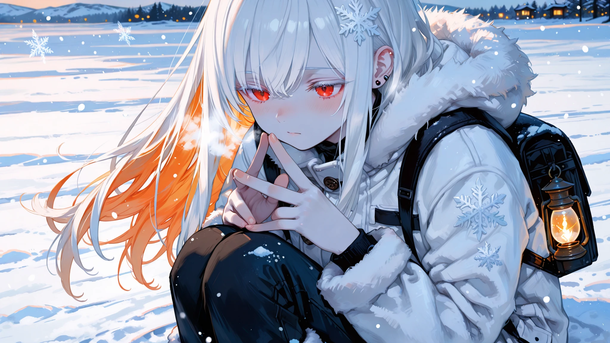 masterpiece:1.2), best quality , 独奏 ,pixiv, anime girl ，long straight white hair , black eyes ,Wearing off-white camouflage uniform ,ten years old，military fortress，(Eyes looking into the distance:1.3)，(look away:1.5)，snowy weather，dirty face，The background is a sea of fire with blood on the forehead，dirty face，Backlight， rocky peaks ,Fierce flames are burning，The expression is sad，Grit your teeth，