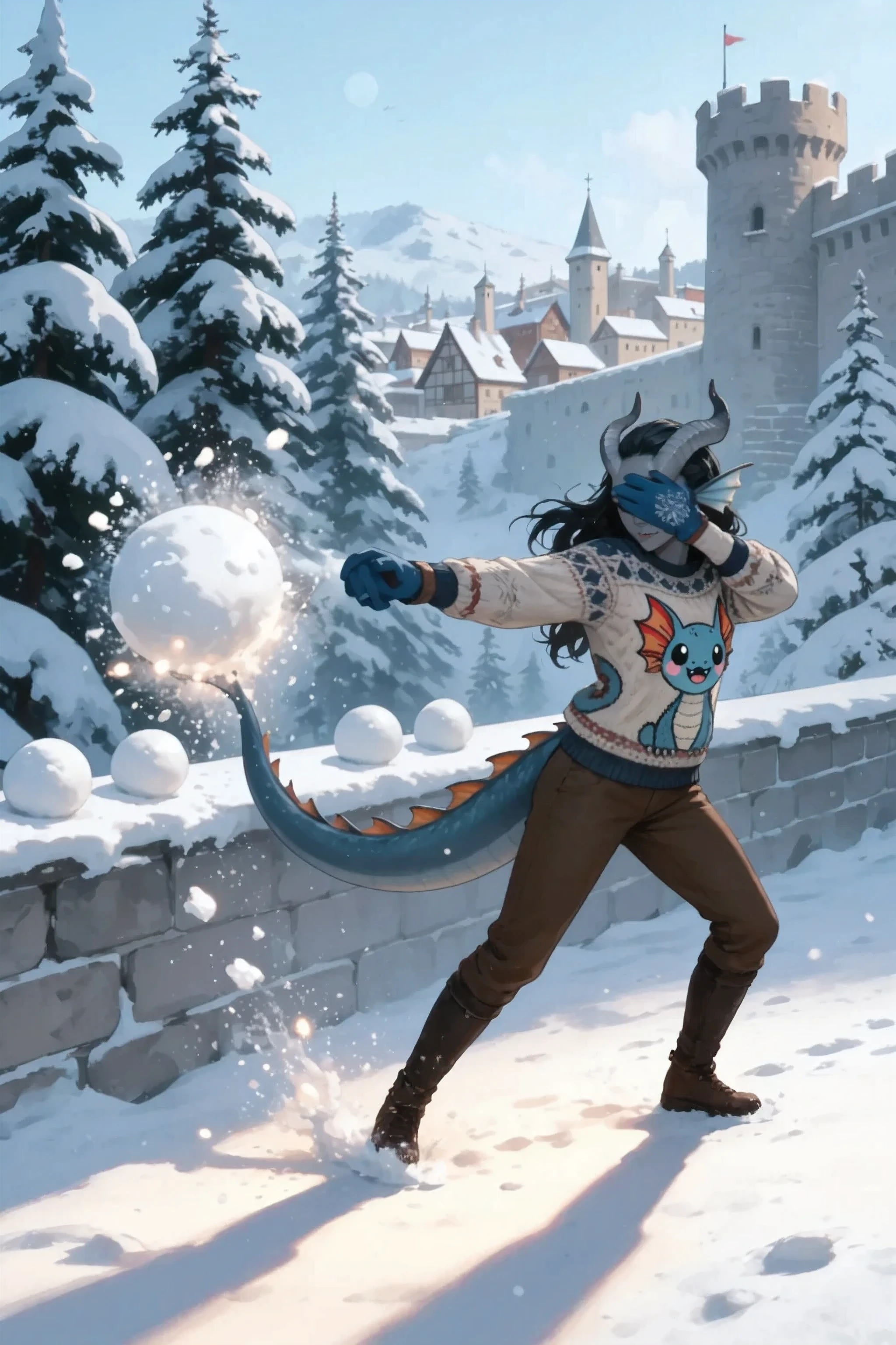 Hits tail hits a snowball in the air. Kedra, dark blue-gray skin , bluish mittens in her arms, fins on her head, dark blue-gray horns, loose black hair, closed her eyes hitting her tail on a huge snowball.
The woman is wearing a patterned Christmas knitted sweater depicting a cute creature Character_Fuli. Against the background, there are a snowy fortress on the sides of the cedars covered in white snow all around, you can see a medieval village in the distance. Long soft shadows. a big snowball hits the tail woman's east breaking into many pieces of snow glowing in the sun. dynamic pose. behind the girl in the background is part of a snowy fortress and several round snowballs lie in a row on the snowy wall, darkrain,
masterpiece, the best quality, ultra-detailed, Cinematic emotional static frame, 8K UHD, extremely detailed, physical visualization, HDR.
