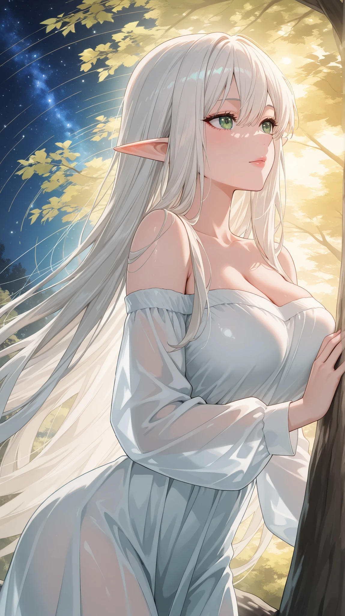 An elf girl bathes in a misty spring in the forest, her seated, she rests on a tree trunk turned, starry night rippling gently around her. big breasts, luxurious wlack dress, off-the-shoulder, sheer fabric at the neckline, long sleeves, lips slightly parted, white hair, green eyes. Her long hair clings to her damp skin. in a fantasy anime style, with soft backlighting through the mountains, subtle reflections, Masterpiece level of detail, 8k