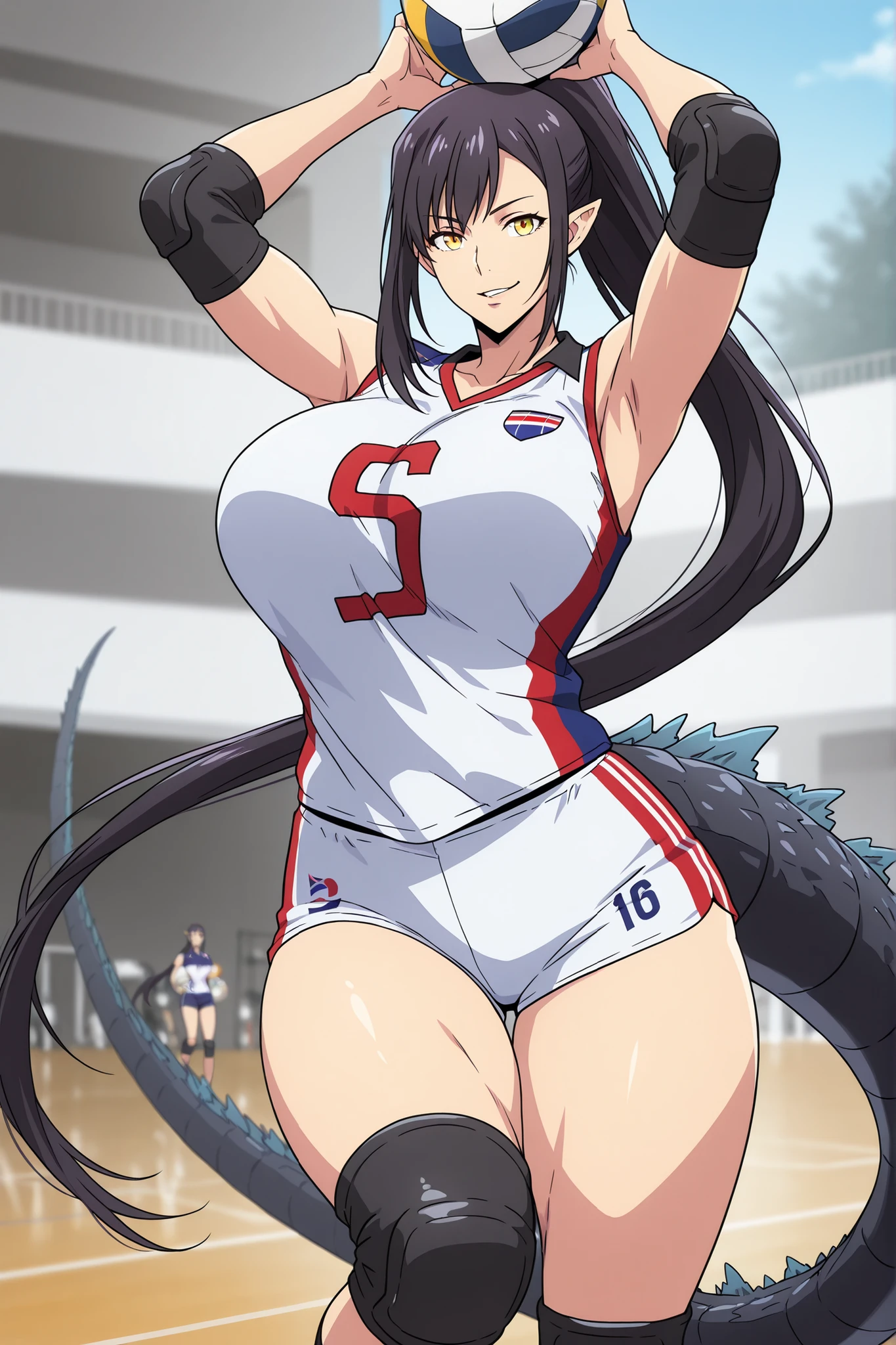 anime screencap, masterpiece, best quality, jin-ah, 1girl, adult Female, solo, yellow eyes, absurdly long hair, ponytail, sidelocks, pointy ears, Godzilla tail, Godzilla long tail, very long tail, black hair, nails claws, attractive face, strict attributes, ractical body shape, glamorous bodies, attractive bodies, fit bodies, big Curvy, big breasts, big hips, thick thighs, Toned thighs, front view detailed body, high body, PARTED LIPS, ARMPITS, ARMS UP, BALL, JUMPING, MIDAIR, VOLLEYBALL, VOLLEYBALL, (volleyball uniform Usa flag, sportswear, elbow pads, elbow sleeve, knee pads, sleeveless, shorts, short shorts, gym, blurry background, Sexy,), Smirk, looking at the viewer , cowboy shot , outdoors ,
