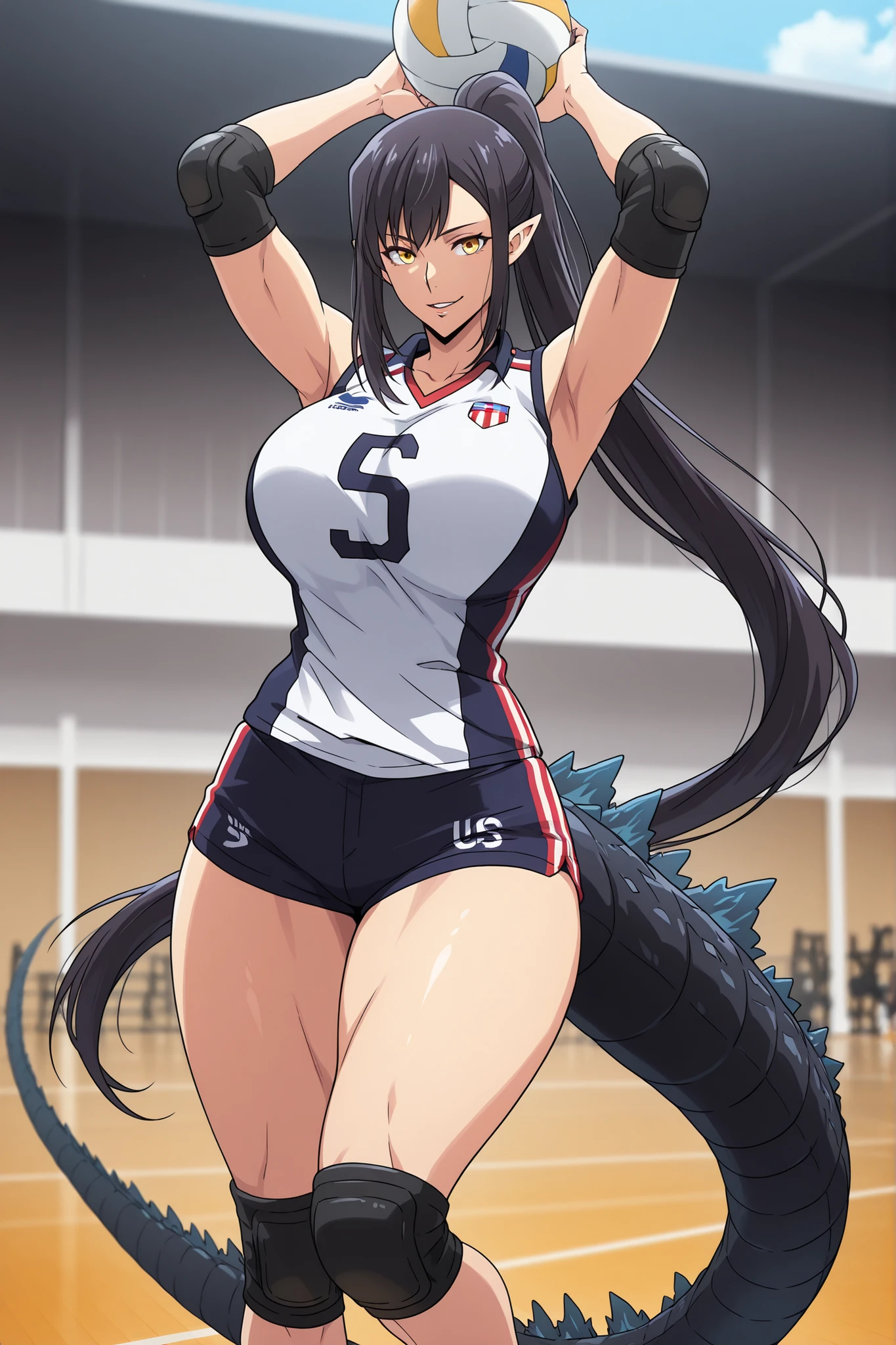 anime screencap, masterpiece, best quality, jin-ah, 1girl, adult Female, solo, yellow eyes, absurdly long hair, ponytail, sidelocks, pointy ears, Godzilla tail, Godzilla long tail, very long tail, black hair, nails claws, attractive face, strict attributes, ractical body shape, glamorous bodies, attractive bodies, fit bodies, big Curvy, big breasts, big hips, thick thighs, Toned thighs, front view detailed body, high body, PARTED LIPS, ARMPITS, ARMS UP, BALL, JUMPING, MIDAIR, VOLLEYBALL, VOLLEYBALL, (volleyball uniform Usa flag, sportswear, elbow pads, elbow sleeve, knee pads, sleeveless, shorts, short shorts, gym, blurry background, Sexy,), Smirk, looking at the viewer , cowboy shot , outdoors ,