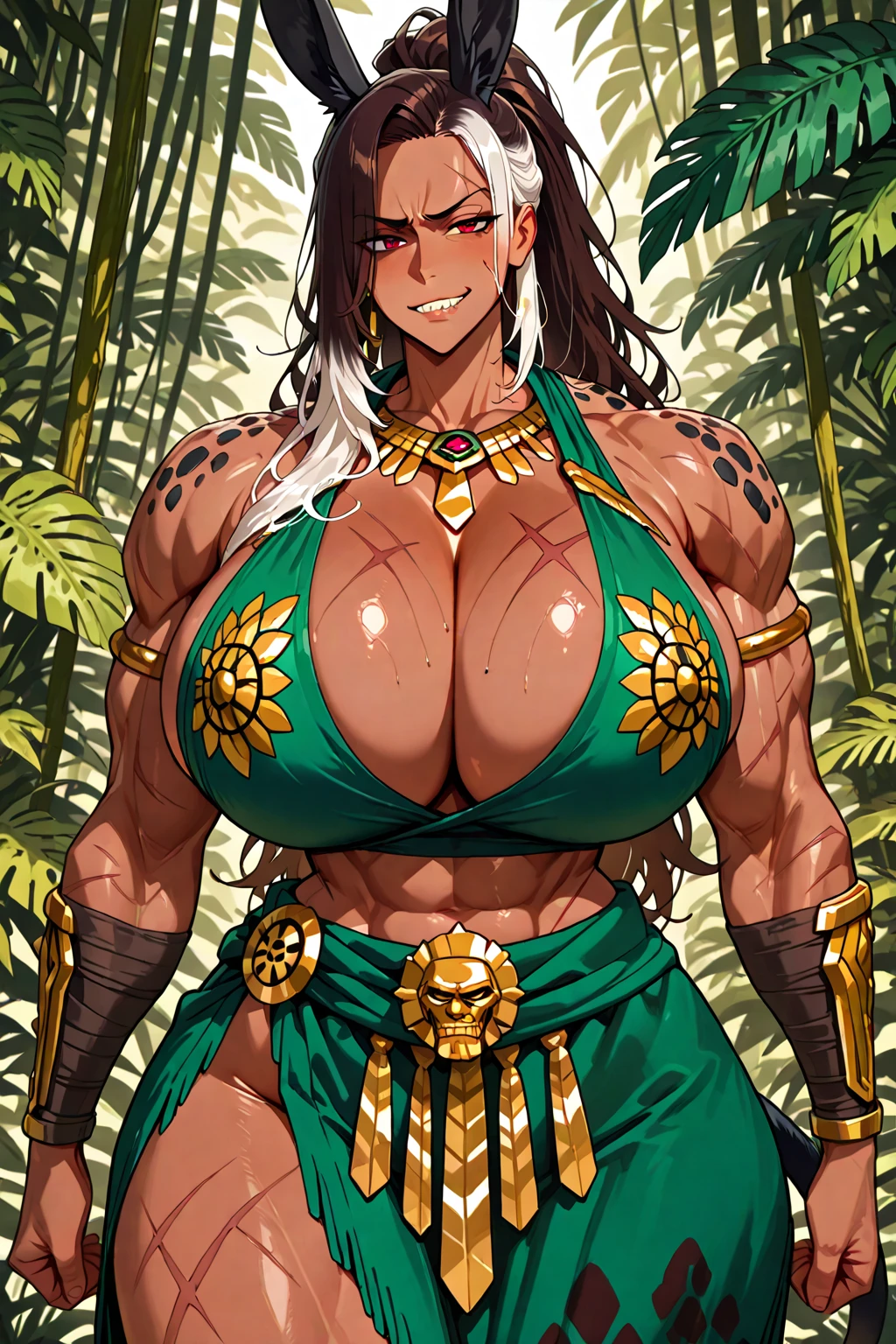 masterpiece, good quality, best quality, 2d, jungle, (kunaboto:0.6), cowboy shot, 
Kroxigor, 1girl, muscular female, black hair, dark-skinned female, very dark skin, red rope, jewelry, human, solo, bikini armor, armor, mature eyes, 
looking at viewer, in heat, naughty face, heavy breathing, bodypaint, 
<lora:Kroxigor_Vpred:0.9>