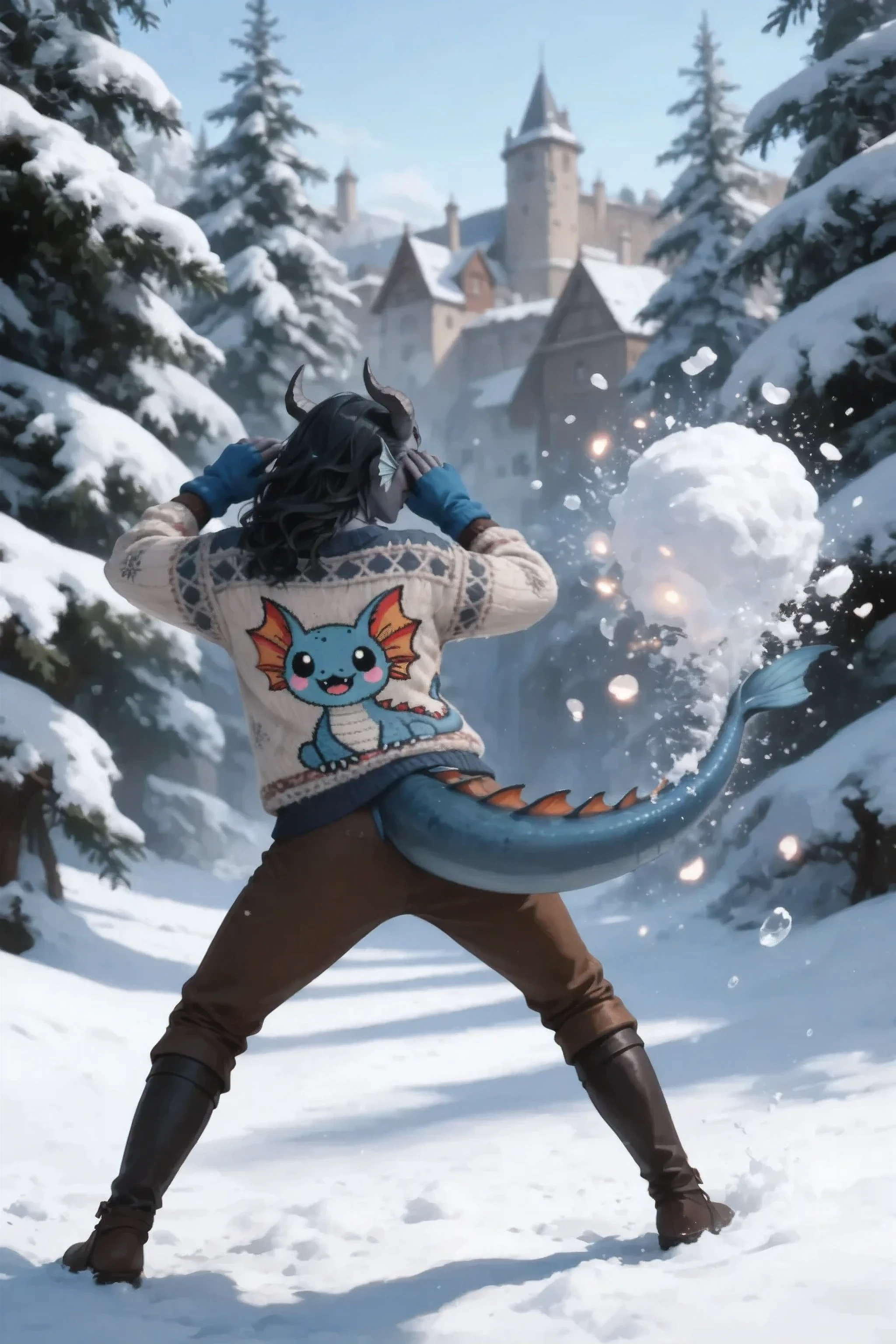 back view, you can see your back. Kedra, dark blue-gray skin , bluish mittens in her arms, fins on her head, dark blue-gray horns, loose black hair, closed her eyes hitting her tail on a huge snowball. covers his head. Hits tail hits a snowball in the air. medieval dark brown leather pants, patterned Christmas knitted sweater depicting a cute creature Character_Fuli. Against the background, there are a snowy fortress on the sides of the cedars covered in white snow all around, you can see a medieval village in the distance. Long soft shadows. A large snowball hits a woman's tail, breaking into many pieces of snow glowing in the sun. dynamic pose. behind the girl in the background of a part of a snowy fortress and several round snowballs in a row on a snowy wall, darkrain,
masterpiece, the best quality, ultra-detailed, cinematic emotional static frame, 8K UHD, extremely detailed, physical visualization, HDR.