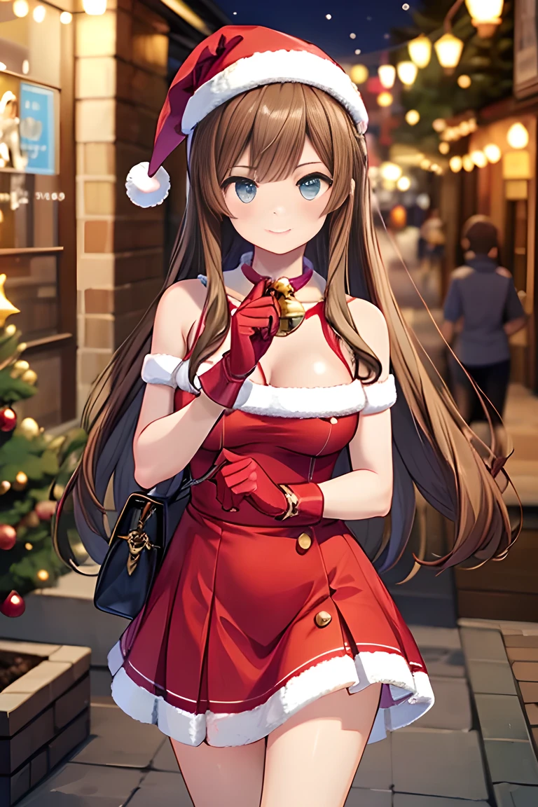 ((perfect )), (photo realistic), (very aesthetic), (highres), (detailed eyes), (top quality), (Realistic), (Super Detailed), (masterpiece), (top quality), (very detailed), (ultra detail), (Super detail), 1girl, bag,  shoulders, bell, , brown hair, carrying over shoulder, christmas lights, christmas ornaments, christmas tree, closed mouth, fur-trimmed dress, fur-trimmed gloves, fur-trimmed hood, holding sack, holly, indoors, long hair, , merry christmas, neck bell, , ornament, red gloves, santa dress, santa gloves, santa hat, smile, solo, solo focus, Probably two teenagers, ワン・ウーマン, 手前と中央には, 前方に曲がる, チェック柄のスカートを持ち上げると、少し盗撮的な感じの明るい色の下着が見えました. と茶色のローファーを持っています. 別の女性が右に立っています, もチェック柄のスカートを着ています, そして暗い靴. 彼女は何かを調整しているか、おそらく写真ブースかそれに似た設定の一部です, 文字が一部見えます, including "I ❤️ RG TOKYO."