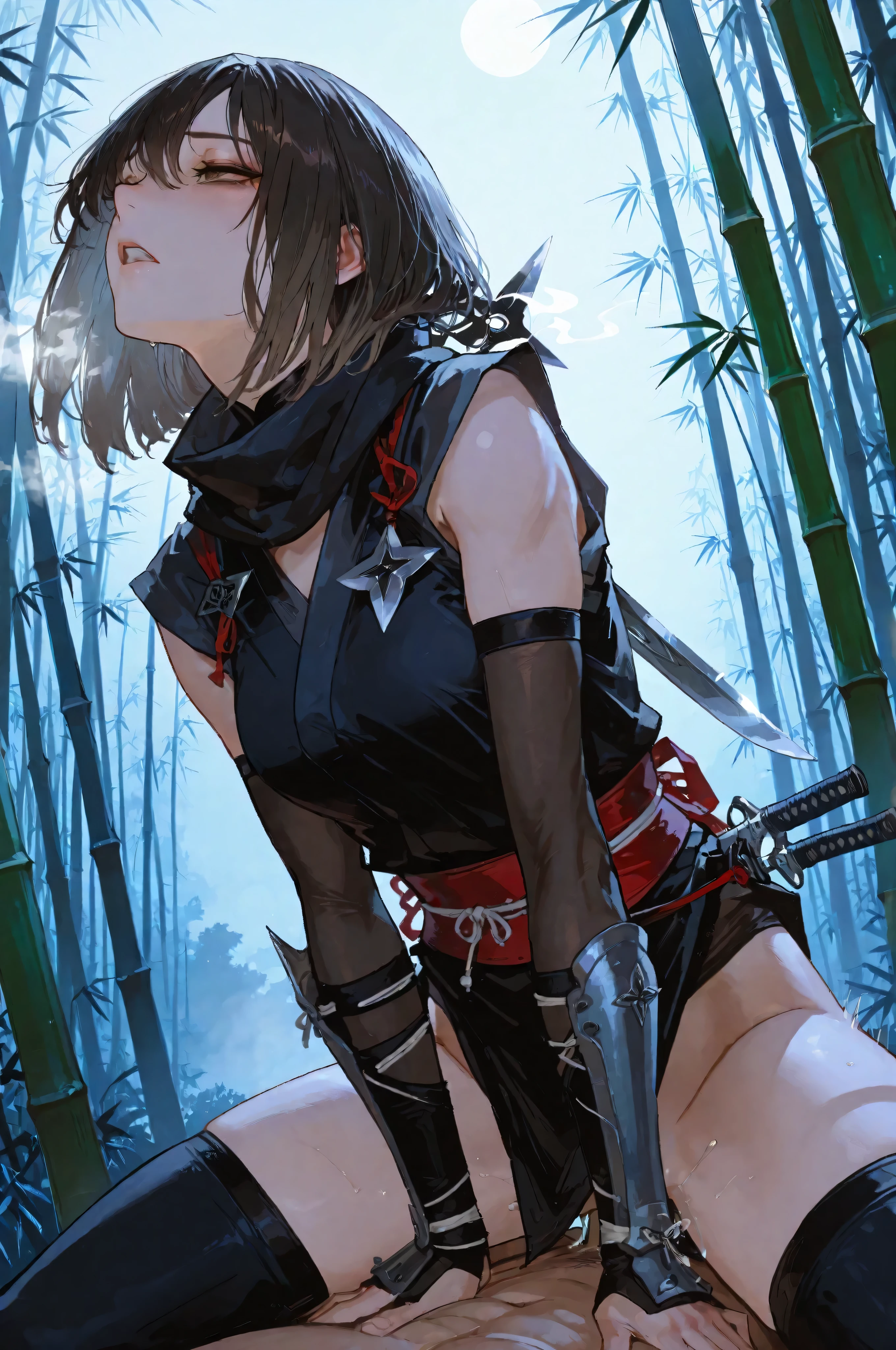 masterpiece,top quality,2girl,Japanese,bamboo forest,Moonlit Night,Ninja Outfit,(knives:1.3),Sprint,(gray hair:0.9),(dark haired:1.1),Cinematographer,Shuriken,Dynamic,Cold Eyes,fog,details,Tension,Sex appeal