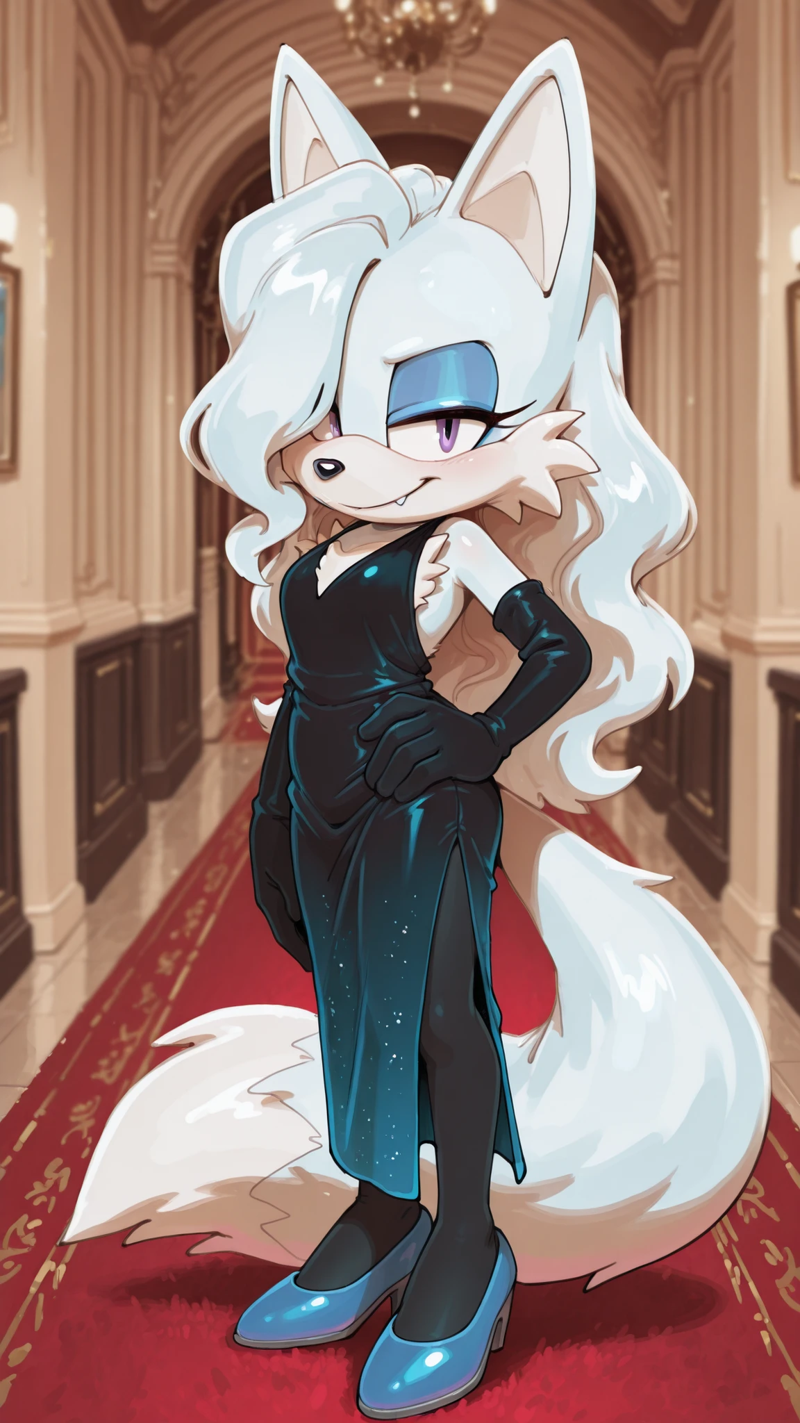 masterpiece, best quality, amazing quality, very aesthetic, high resolution, ultra-detailed, absurdres, newest, scenery, furry, anthro, sonic \(series\), 1girl, female furry, fox, purple eye, white fur, white body, long hair, white hair, wavy hair, hair over eye, blue heels, blue sleeveless dress (black gradient dress), long dress, sideslit dress, deep v-neck dress, sexy dress, white fox tail, fangs, cute smile, cyan eyeshadow, red carpet, photography session, depth of field, detailed fluffy fur, volumetric lighting, full body, indoors, (side view), black elbow gloves, snout, looking at the viewer, dynamic angle, hand on hip, black pantyhose, head tilt, smirk, onmodelblobian