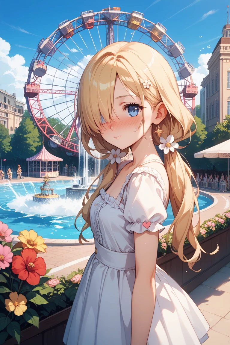 1 Girl, ,Highest quality, Very detailed, masterpiece, Outdoor ,Sitting,garden,Green Eyes,Blonde, Long Hair, Eyebrows visible through hair, White camisole,Flat ,