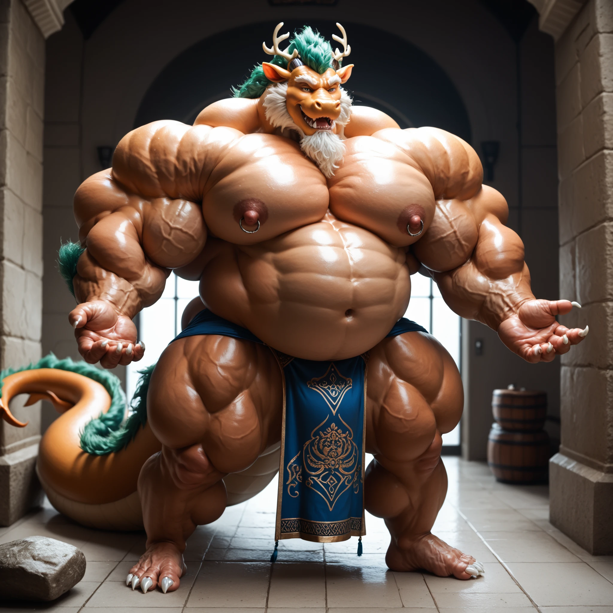 eastern dragon,a humanoid dragon mix of Chinese and European dragon, hefty daddy body,colossal,hulking, huge muscles, plump body muscles, colossal body, five-digit hands and feet,hefty, hyper thick heavy shape, stout musclegut, thick waist, big daddy belly,big belly, chubby muscles,plump  muscles, prominent abs,remarkably well defined, heavyweight abs, rounded and fulled, sharp white claws, thick thighs,big feet claws, full body, loincloth, nips, best quality.