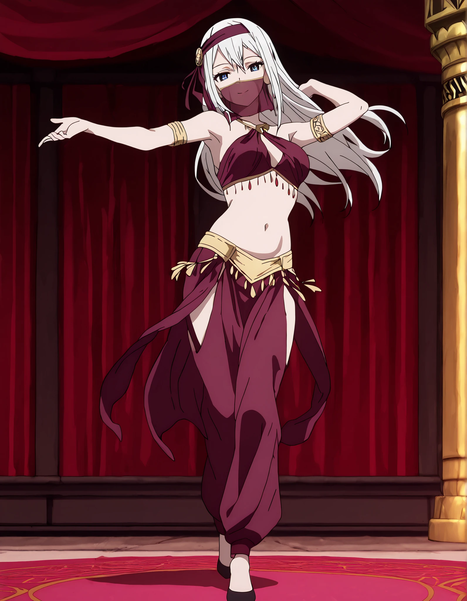 (1girl:1 . 5) , (Seul:1 . 5) , score_9 , score_8_haut , score_7_haut , source_anime , Official work , ultra-detailed , masterpiece , best quality , High resolution , beaux yeux , detailed eyes , Detailed face , beautiful detailed eyes,masterpiece, best quality, amazing quality,,<lora:ai-hayasaka-s3-illustriousxl-lora-nochekaiser:1>,<lora:kei shirogane s3-lora-nochekaiser:1>, kei shirogane, long hair, blonde hair, blue eyes, white hair, hairband,anime screencap,Kaguya-sama: Love is War,Ai Hayasaka,Arabian Clothes , Arabian Dancer Outfit ,belly dancer costume,belly dancer outfit ,full body,golden jewelery,mouth veil,armlet,belly dancing,arabian theater,seductive smile, dancing with veil, dynamic movement,dance posture, seductive pose