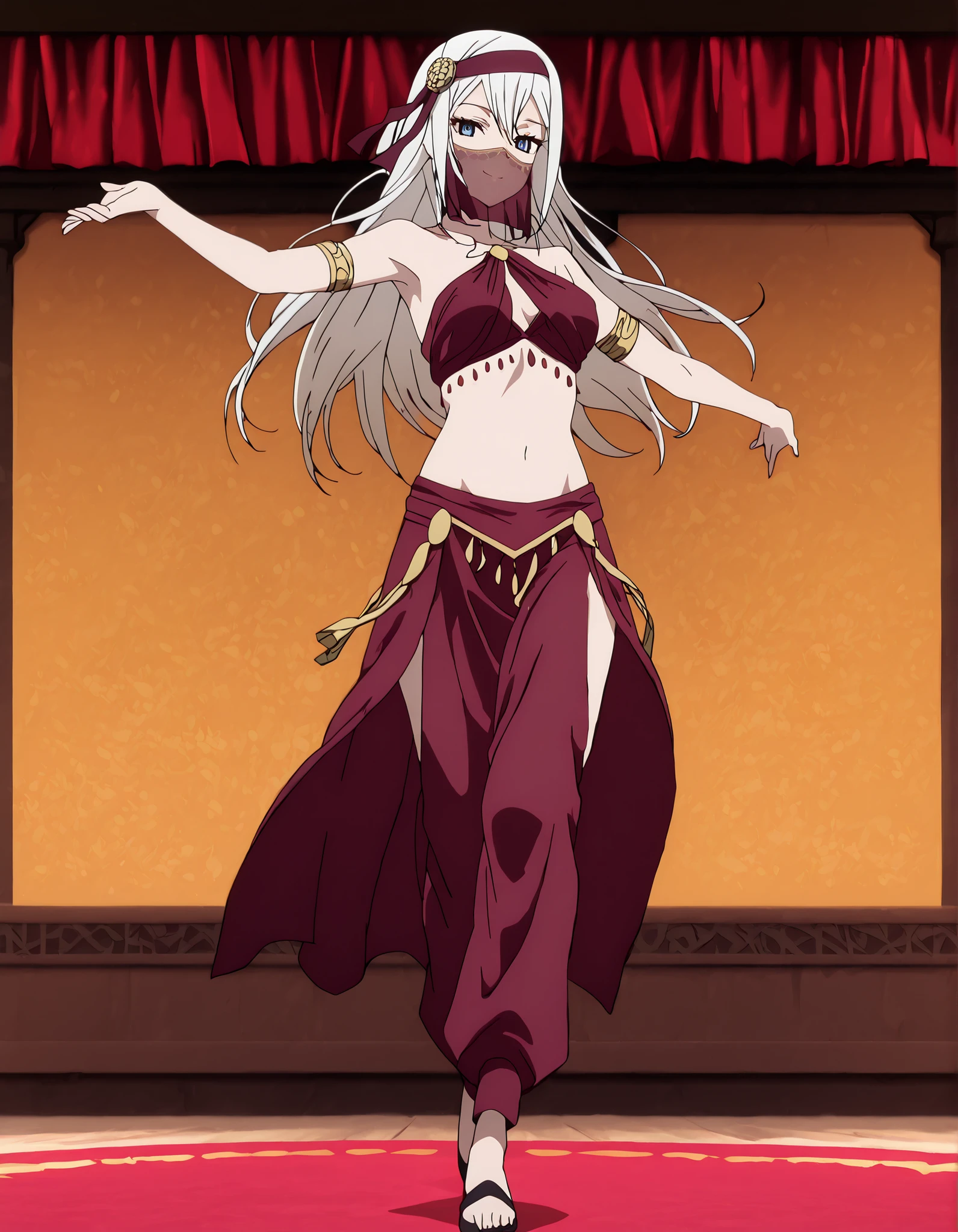 (1girl:1 . 5) , (Seul:1 . 5) , score_9 , score_8_haut , score_7_haut , source_anime , Official work  , ultra-detailed , masterpiece , best quality , High resolution , beaux yeux , detailed eyes , Detailed face , beautiful detailed eyes,masterpiece, best quality, amazing quality,,<lora:ai-hayasaka-s3-illustriousxl-lora-nochekaiser:1>,<lora:kei shirogane s3-lora-nochekaiser:1>, kei shirogane, long hair, blonde hair, blue eyes, white hair, hairband,anime screencap,Kaguya-sama: Love is War,Ai Hayasaka,Arabian Clothes , Arabian Dancer Outfit ,belly dancer costume,belly dancer outfit ,full body,golden jewelery,mouth veil,armlet,belly dancing,arabian theater,seductive smile, dancing with veil, dynamic movement,dance posture, seductive pose