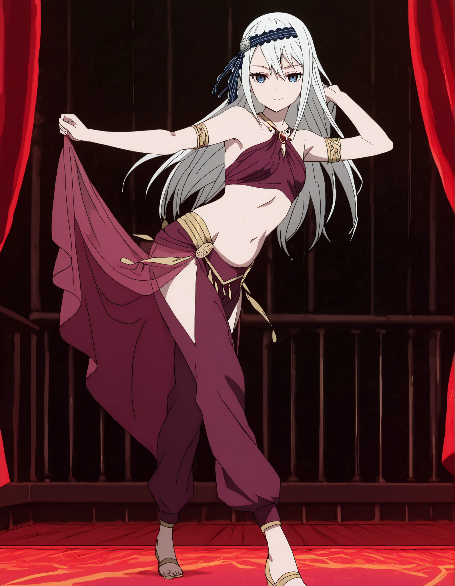 (1girl:1 . 5) , (Seul:1 . 5) , score_9 , score_8_haut , score_7_haut , source_anime , Official work , ultra-detailed , masterpiece , best quality , High resolution , beaux yeux , detailed eyes , Detailed face , beautiful detailed eyes,masterpiece, best quality, amazing quality,,<lora:ai-hayasaka-s3-illustriousxl-lora-nochekaiser:1>,<lora:kei shirogane s3-lora-nochekaiser:1>, kei shirogane, long hair, blonde hair, blue eyes, white hair, hairband,anime screencap,Kaguya-sama: Love is War,Shirogane Kei,Arabian Clothes , Arabian Dancer Outfit ,belly dancer costume,belly dancer outfit ,full body,golden jewelery,armlet,belly dancing,arabian theater,seductive smile, dancing with veil, dynamic movement,dance posture, seductive pose