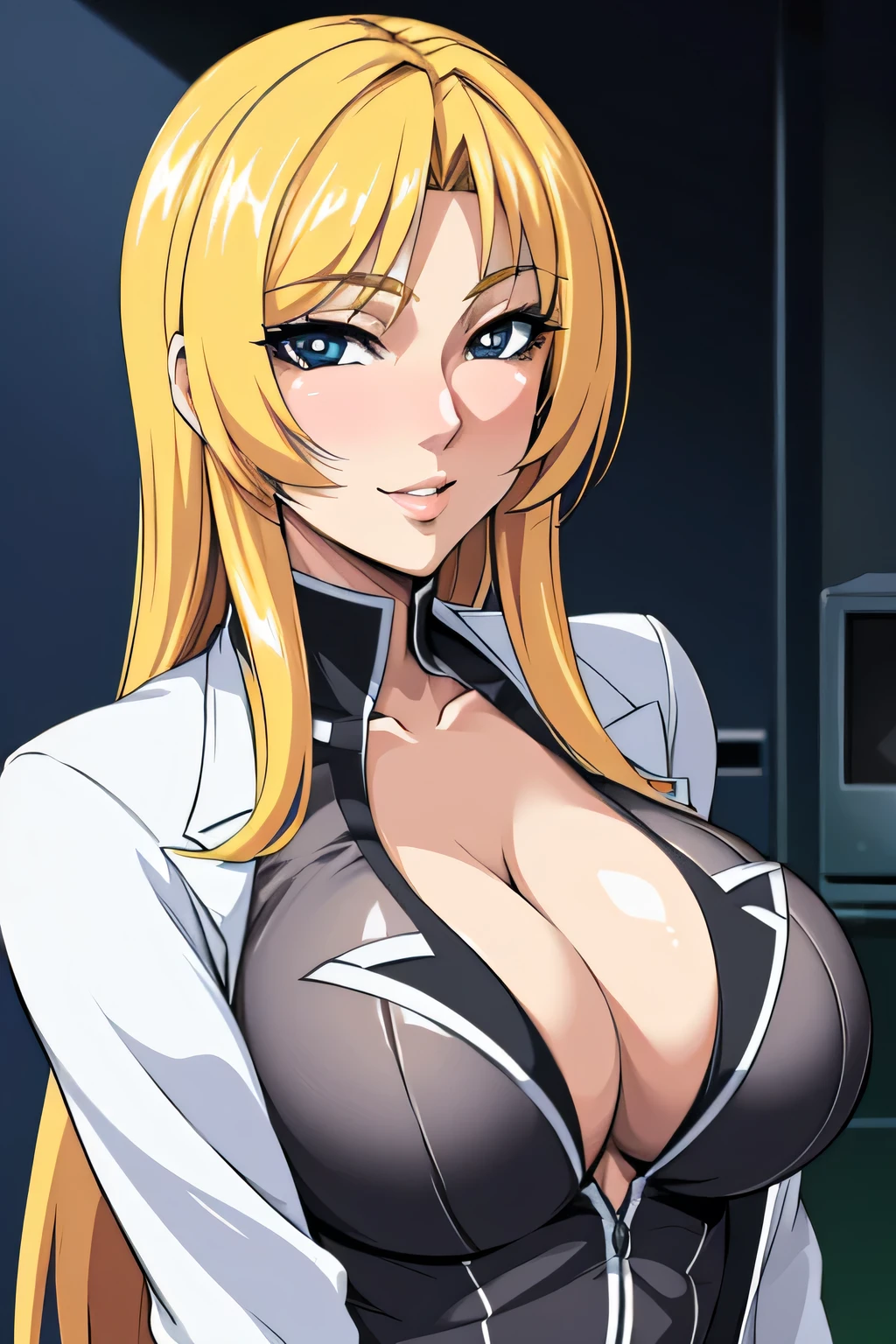 anime style, upper body portrait, glamorous tall 37-year-old female research director, disheveled but once-beautiful hair, ruined makeup, wearing a loosened formal suit with an open white lab coat, exposing cleavage and waist, blue or hazy mad eyes full of insanity, confident yet unhinged smile, professional but chaotic look, photorealistic anime lighting, masterpiece, 8k, high quality, depth of field, atmosphere of elegant madness in a corporate lab