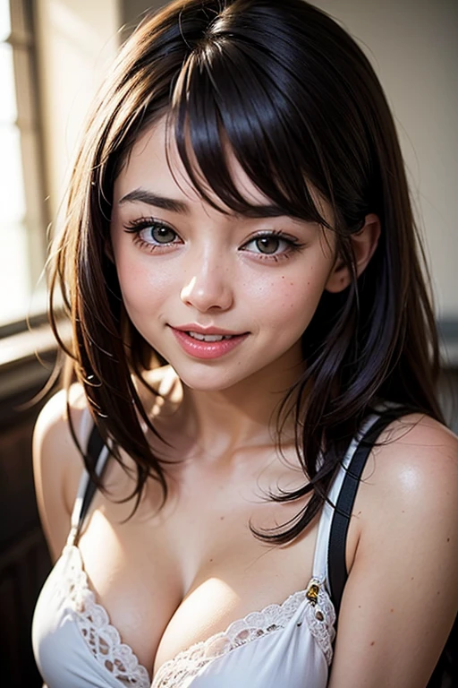 (8K, RAW Photos, Highest quality, masterpiece: 1.4), (Realistic, photoRealistic: 1.4), Super detailed, Ultra-high resolution, One Girl, Beholder, Beautifully detailed face, smile, (Slim waist: 1.0), Beautifully detailed skin, Skin Texture, Floating Hair, Professional Lighting, Middle Chest, Kind eyes,(small wet breasts:1.6), (beautiful :1.4),(:1.9), (:1.0), (law :1.5), (sleeveless blouse:1.3),(Feather Cut:1.0), (petite:1.0)