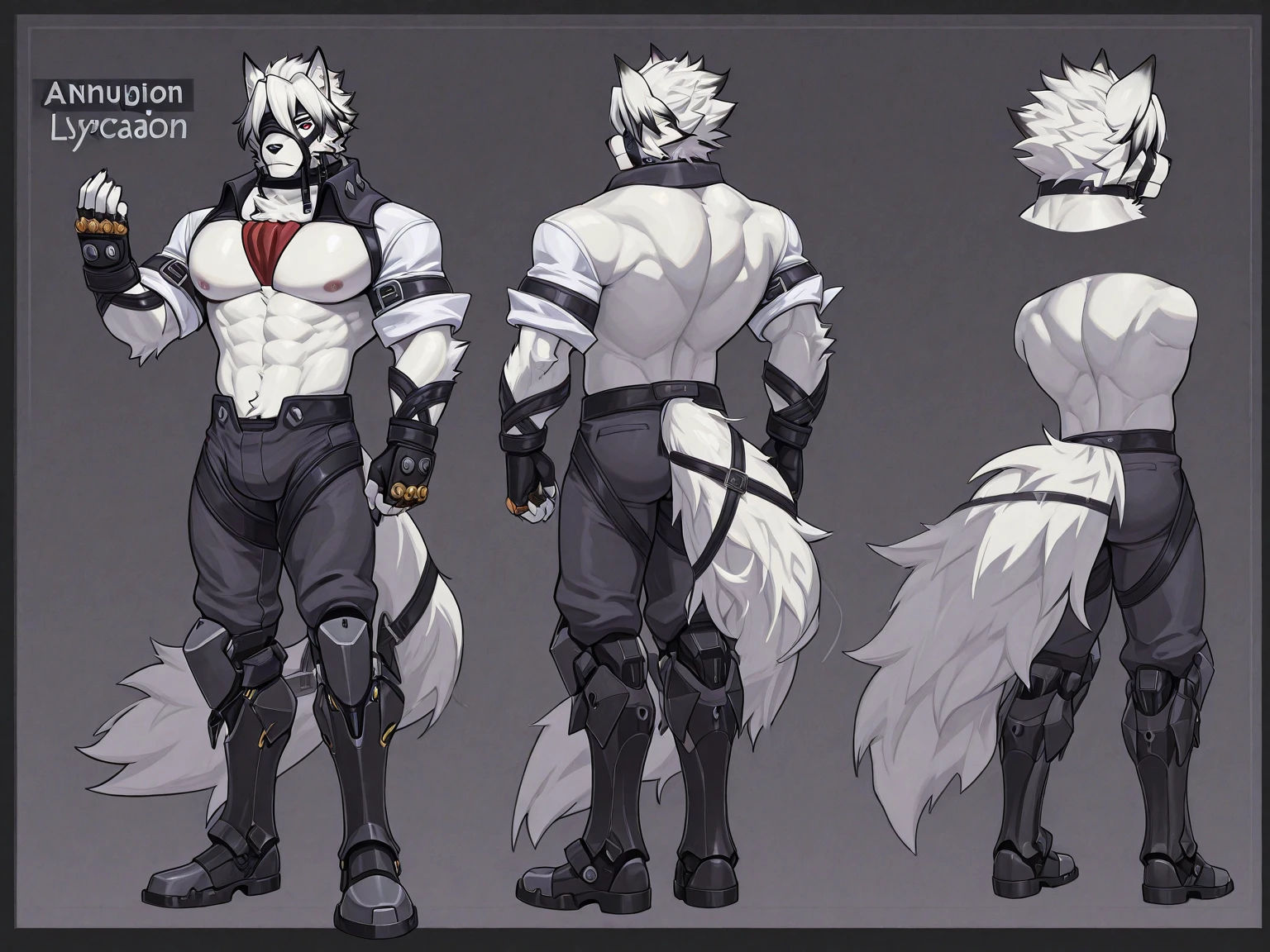 Close-up of a character, ((Character concept art)), ((Character Design Sheet, Same character, front, from the side, back)) Image of the character, video game character design, video game character design, ((Masterpiece)), (((Best quality))), illustration, environment Scene change, pose too, (Simple background, white background: 1.3) lap, multiple_Views, Concept art, Reference sheet, multiple views, (Multiple views of the same character in the same outfit: 1.3.)  Leomon, Gigachad, (very detailed eyes:1) (very detailed face:1) (very detailed iris and pupils :1.2)  black , massive muscles, huge pecs, ((massive pectorals)) ((huge pectorals)) chiseled abs, huge pectorals, exaggeratedly huge muscles. A furry hero whose presence inspires trust and respect. (((His black  covers from neck to ankles and the sleeves completely cover the arms, boots, gloves.))) ((black fabric )) huge muscular thighs firm, round buttocks and round butt in with his back, lion tail, long tail, huge ass ((huge buttocks))