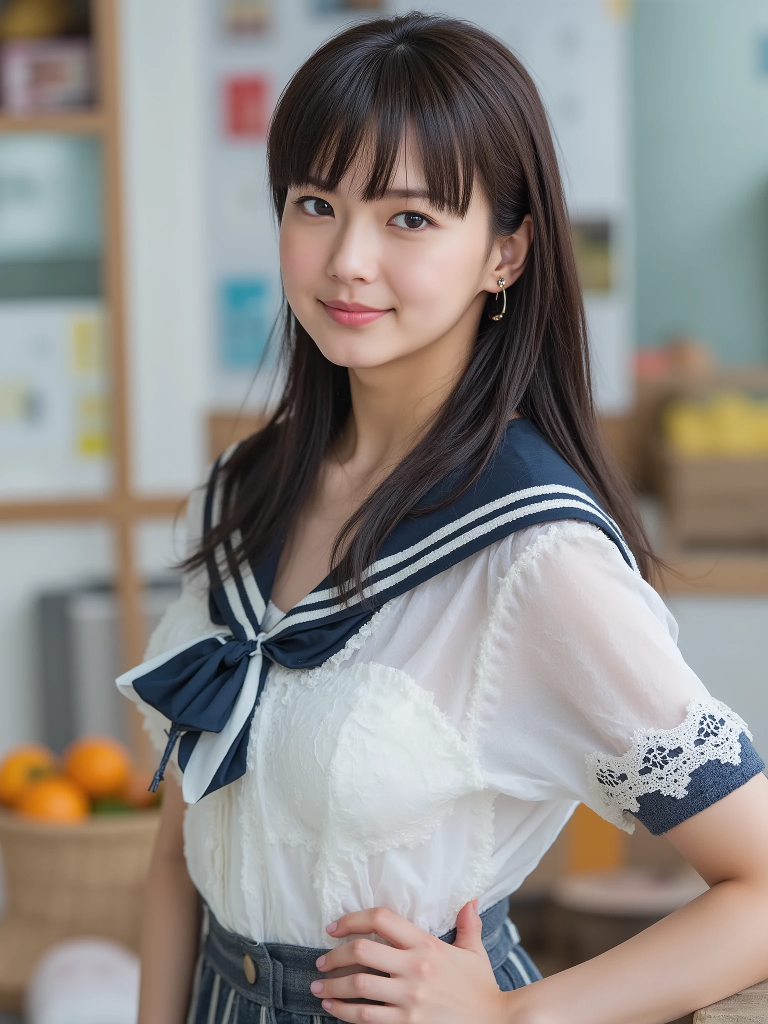 best quality, masterpiece, ultra high-res, (photorealistic:1.4), RAW photo, 1 naked beauty, makeup, (lipstick:1.1), (eyeliner:1.2), mascara, highly detailed eyes, Accurate, Top Quality, Masterpiece, Precision, Ultra Detailed, Anatomically Correct, Meticulous, High Quality, (elegant inviting smile:1.4), (three-quarter-length front view of a woman, Photorealistic: 1.5), Sharp Focus, (8k, RAW photo, best quality, masterpiece:1.2), (realistic, photo-realistic:1.37),
Natural, ultra high res, Super Detail, Ultra Detailed, Detailed Skin, Sharp Focus, bokeh, glossy texture, depth of field, shiny hair, shiny skin BREAK
1 naked girl, Japanese, children, (15 yo:1.6), young, young girl, baby face, Smooth skin, Without Makeup, glowing eyes BREAK
 ((Mikako  Tabe, very long hair, one side up, side ponytail, hair ornament, hairclip, sidelocks, hair between eyes, bangs, pink eyes, collarbone, cutwork lace school uniform, black sailor collar, lace see-through white shirt, blue bowtie, puffy short sleeves):1.3), (black hair:1.2), (medium breasts:1.3), ((Fast food restaurant, fast food restaurant interior):1.5), (face focus:1.7), (upper body:1.7), (portrait:1.6), (embarrassed:1.3), (looking at viewer:1.0), (perfect anatomy:1.2) BREAK
(head tilt:1.4),
  BREAK