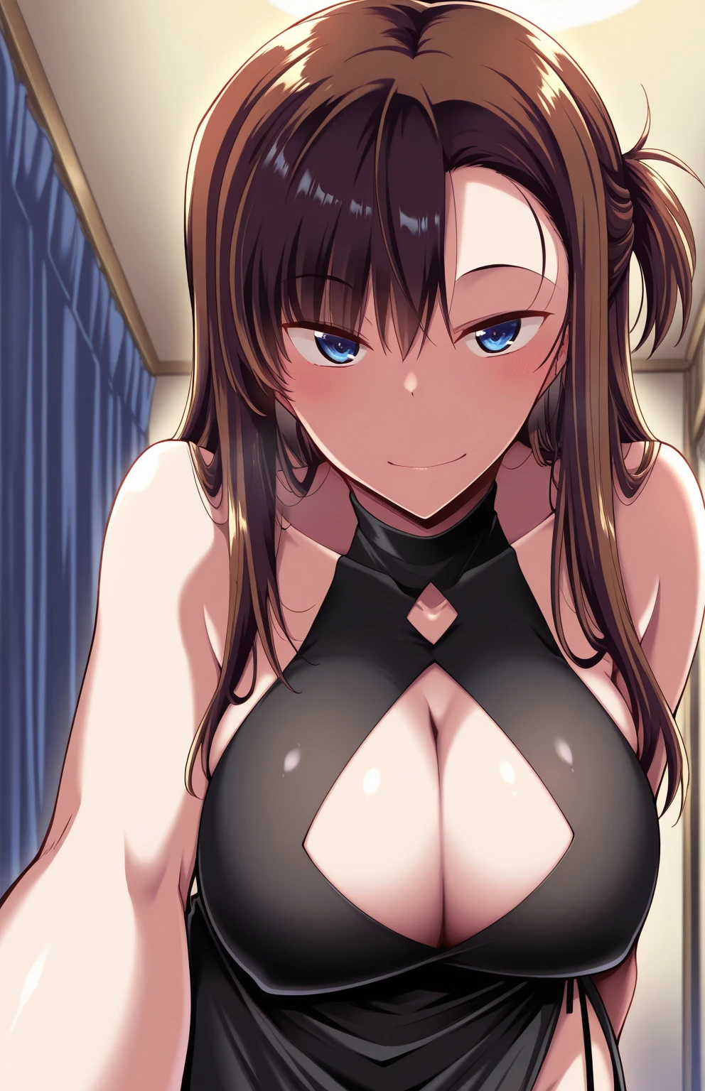 (best quality), (Super detailed), (Best Illustration), (), (1girl), look at viewer, pov,1 boy, ,  , ,  is between ,  in ,  squeeze, white serafuku, (show off :1.2), (show off :1.3), very , curvy body, blush, {brown hair, (bob cut), curly hair, hairs between eyes}, {(detailed eyes), twinkle(in the eyes), blue eyes}, sweat, 