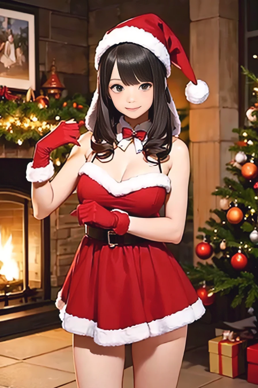 ((perfect )), (photo realistic), (very aesthetic), (highres), (detailed eyes), (top quality), (Realistic), (Super Detailed), (masterpiece), (top quality), (very detailed), (ultra detail), (Super detail), 1girl, bag,  shoulders, bell, , carrying over shoulder, christmas lights, christmas ornaments, christmas tree, closed mouth, fur-trimmed dress, fur-trimmed gloves, fur-trimmed hood, holding sack, holly, indoors, long hair, , merry christmas, neck bell, ornament, red gloves, santa dress, santa gloves, santa hat, smile, solo, solo focus, Probably two teenagers, One Woman, 手前と中央には, 前方に曲がる, チェック柄のスカートを持ち上げると、少し盗撮的な感じの明るい色の下着が見えました. と茶色のローファーを持っています. もチェック柄のスカートを着ています, 彼女は何かを調整しているか、おそらく写真ブースかそれに似た設定の一部です, 文字が一部見えます, including "I ❤️ RG TOKYO."