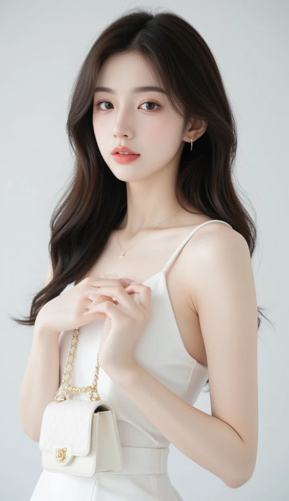  Korean with long red hair, white gown, neckleace,  selfie and hair up